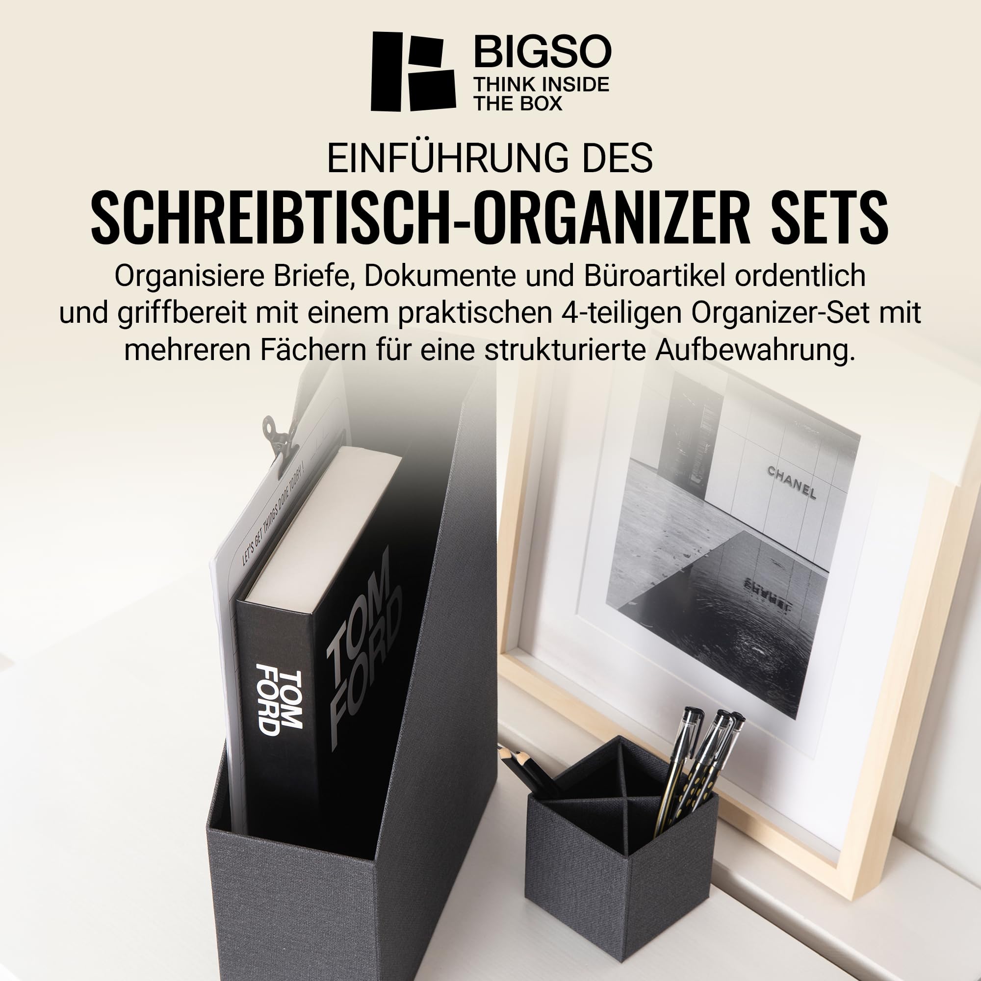BIGSO HUGO 4-teiliges Schreibtisch Set mit 1 Stehsammler, 1 Stifthalter, 1 Sortierkasten und 1 Box ohne Deckel – Ordnungssystem aus Faserplatte und Papier in Leinenoptik – schwarz