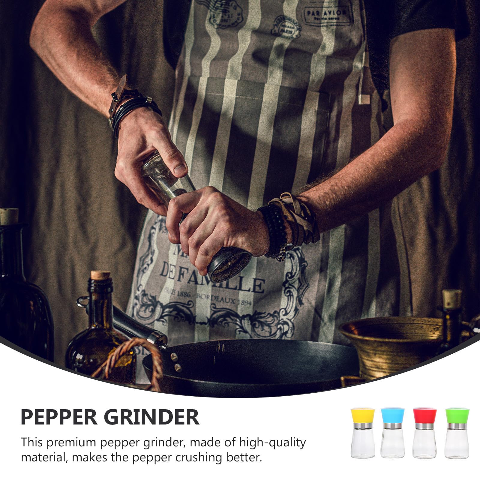 Molinillo de Pimienta Manual de 4 Piezas con Cuerpo de Vidrio y Anillo de Acero Inoxidable, Fácil de Operar y Limpiar para Uso en Cocina y Uso Doméstico