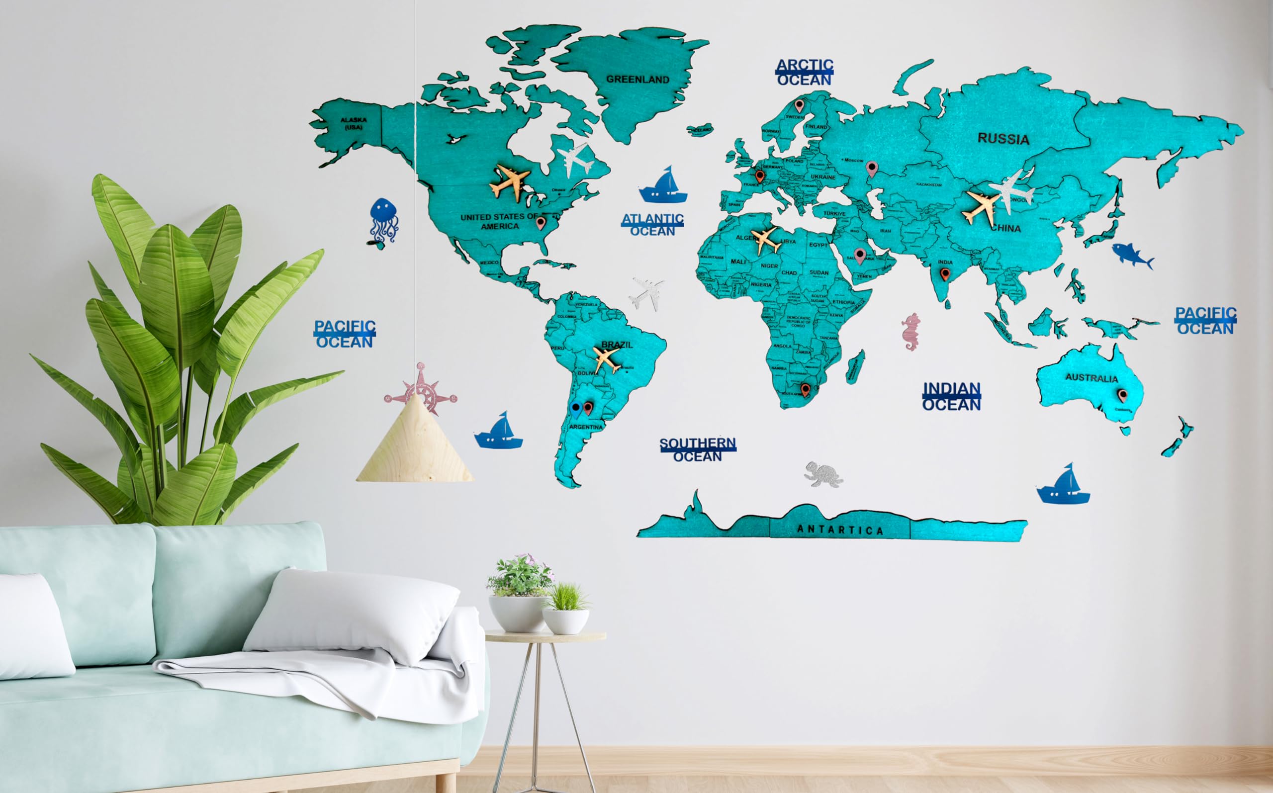 Elk 3D Wooden World Map Wall Decor - Metallic Green Color - Perfect Wall Decor for Travel Enthusiasts | XL (205x116CM)