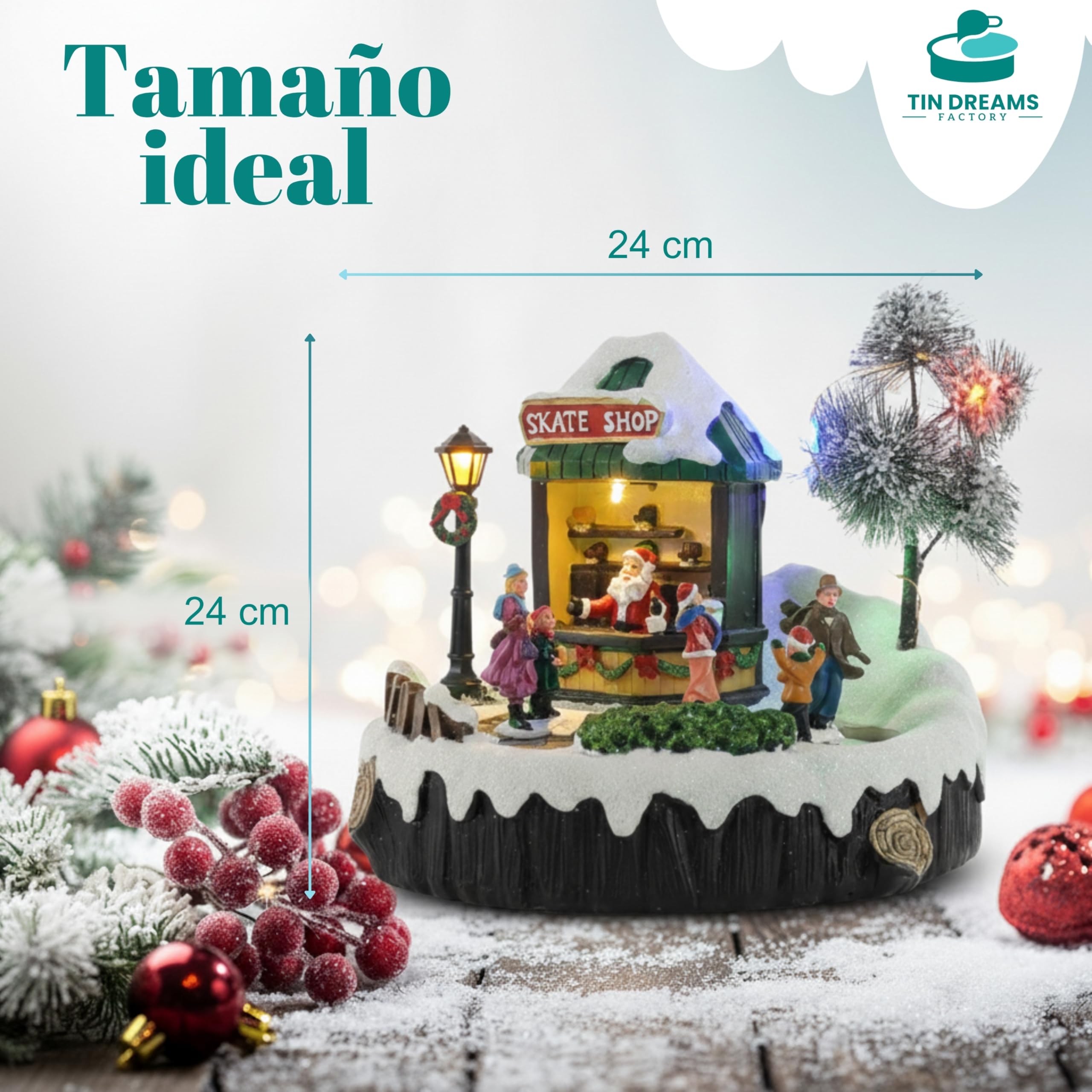 Tin Dreams | Pista de Hielo Navidad con Música, Movimiento y Luces | Escena Navideña Animada con Patinadores | Casita Iluminada para Pueblo, Villa, Aldea Navideña | Decoración Festiva Hogar
