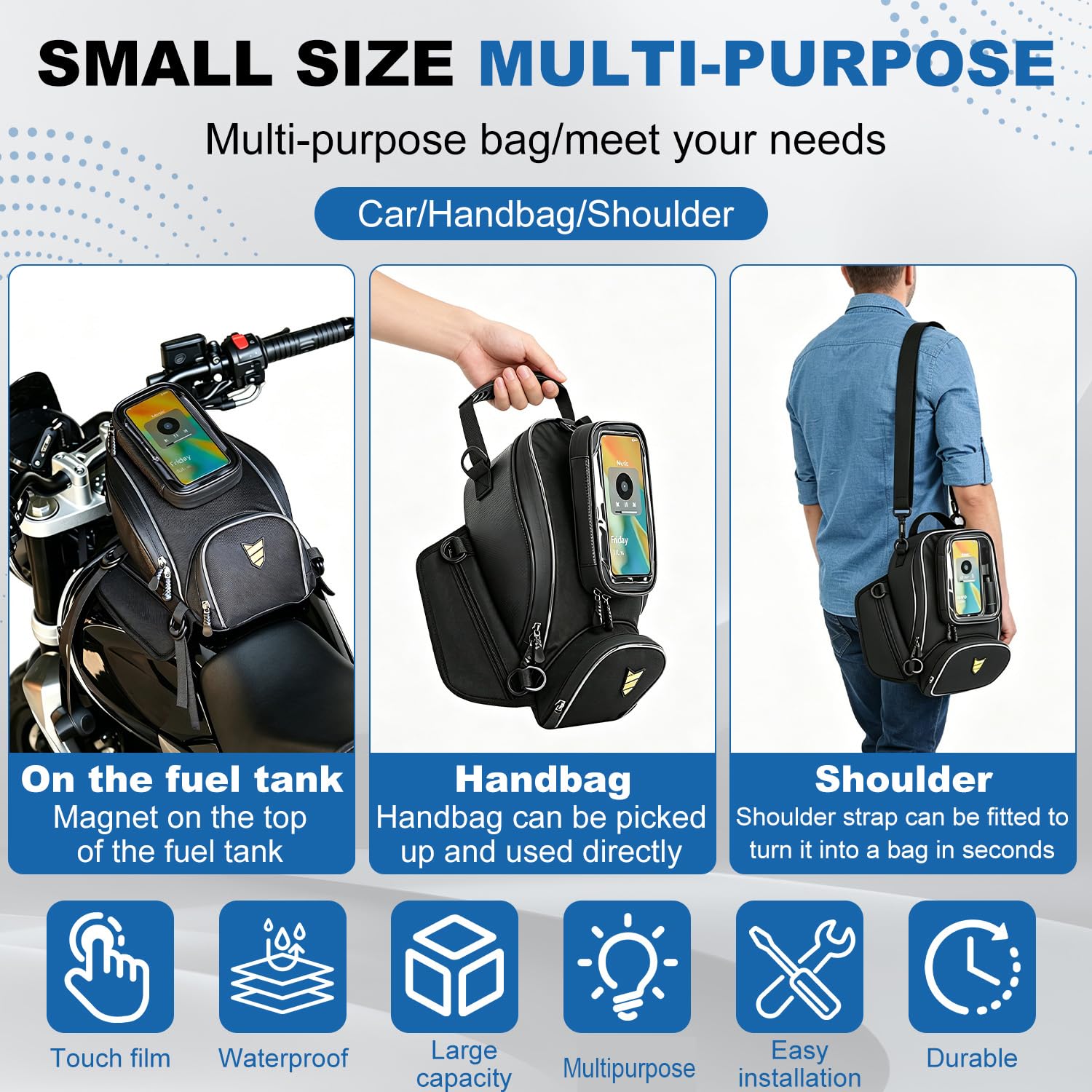 Motorrad Tankrucksack,wasserdichte Motorrad-Kraftstofftanktasche mit Abnehmbarer Touchscreen-Handyhalterung, Magnetic Motorcycle Tank Bag, 3 Magneten und 4 verstärkten Riemen