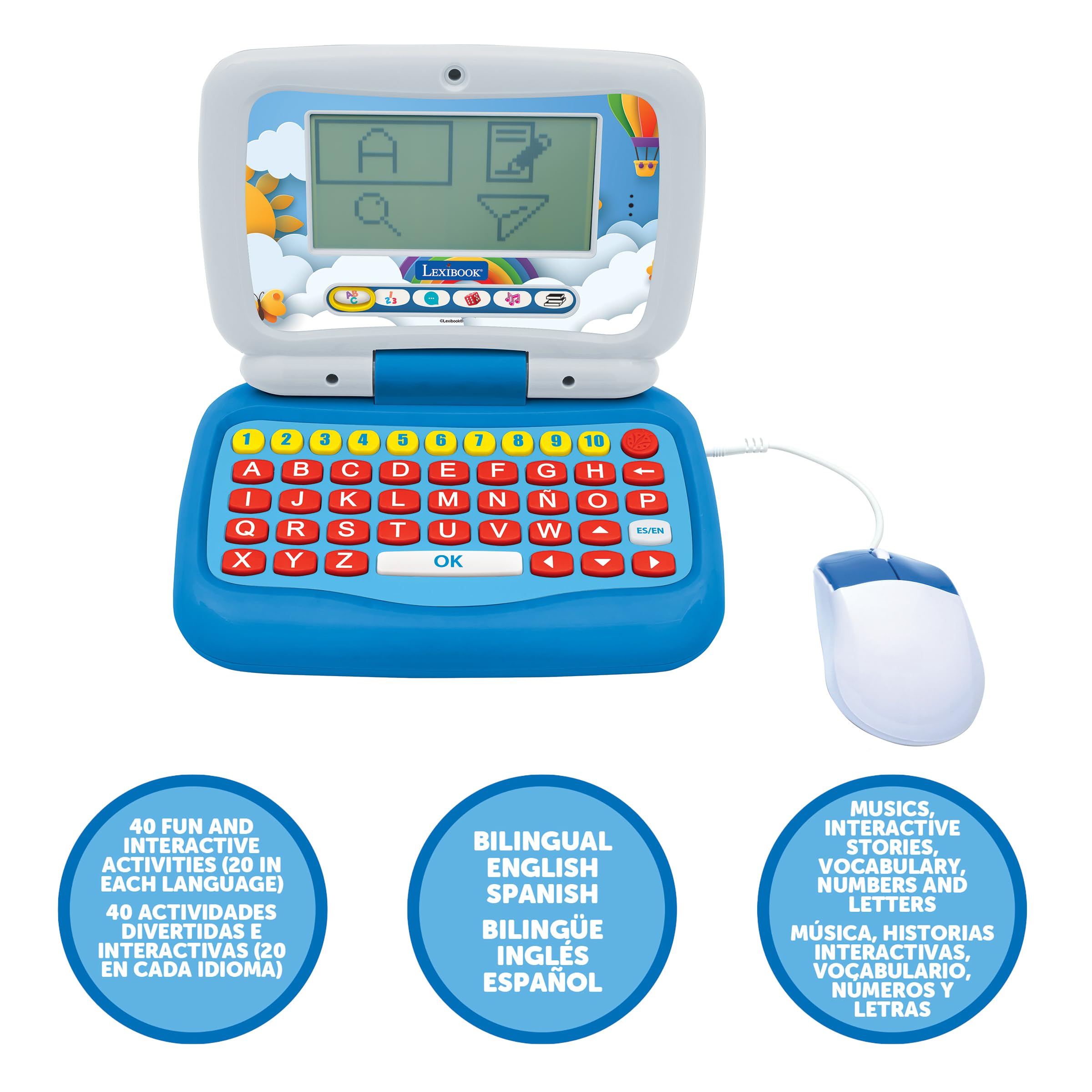 LEXIBOOK, Power Junior, Ordenador Portátil Educativo Bilingüe INGLÉS/ESPAÑOL con 40 Actividades Incluyendo una Nueva Forma de Aprender a Leer y Contar, JC398i2