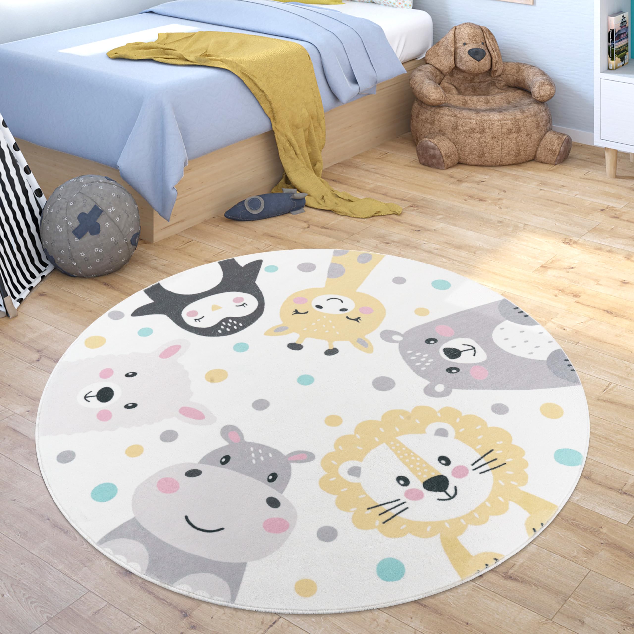 Paco Home Alfombra De Habitacion Bebe Infantil Niña Niño De Juego Se Puede Lavar En La Lavadora Redonda Moderna Animales del Zoo, tamaño:Ø 120 cm Redon, Color:Beige