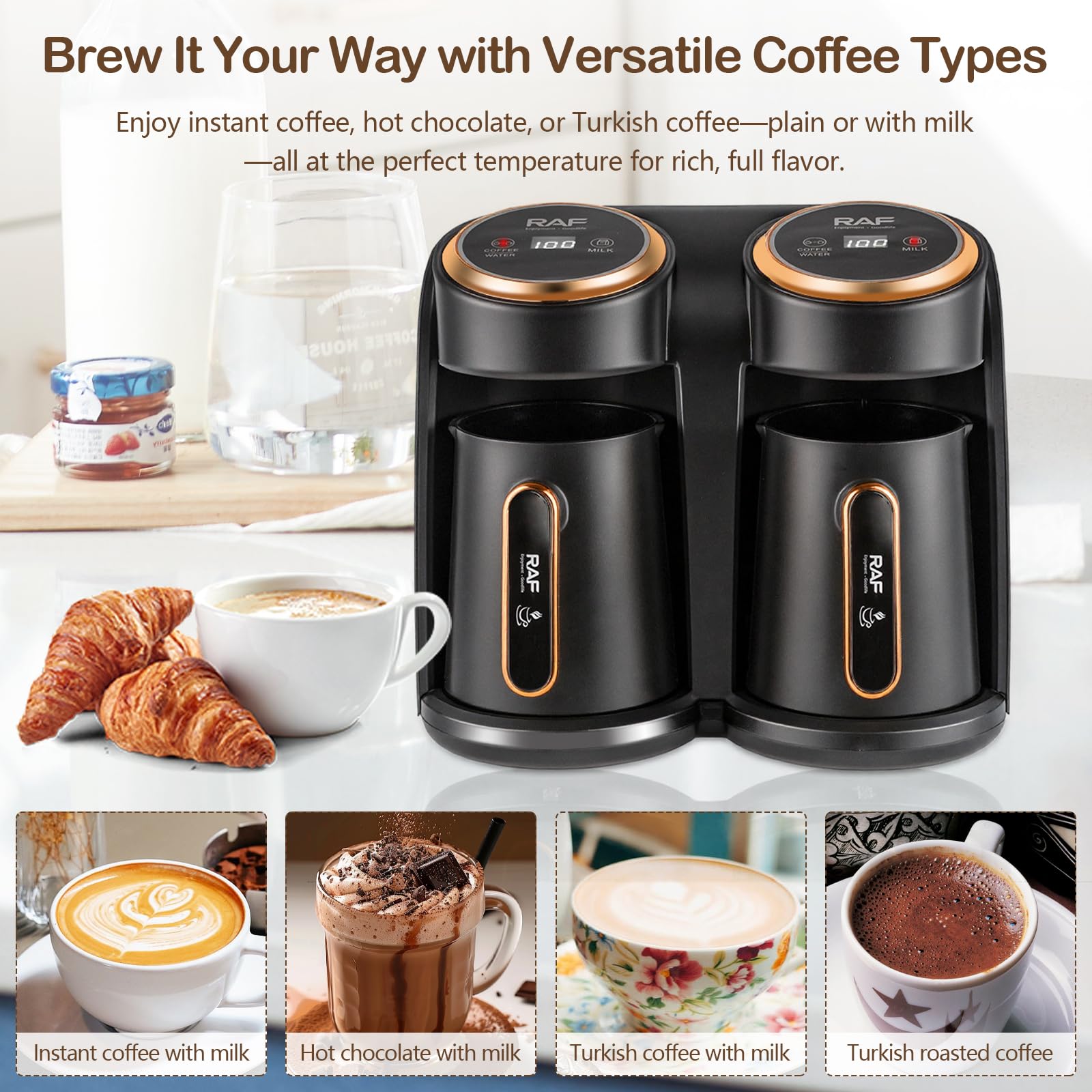 RAF Elektrische Türkische Kaffeemaschine, 600W Kaffeepott mit Dual-Heizsystem, Gleichzeitig Kaffee & Milch erhitzen, 300+300ml Große Kapazität für 6 Tassen, mit Anti Trockenlauf Schutz