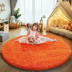 Orange Fluffy Round Rug,Soft Area Rugs for Girls Room,Shaggy Rugs 5'X5' for Living Room,Non Slip Circle Rug for Kids Bedroom,Shag Plush Nursery Carpets,Fuzzy Plush Rug for Dorm,Cute Room Decor Carpet