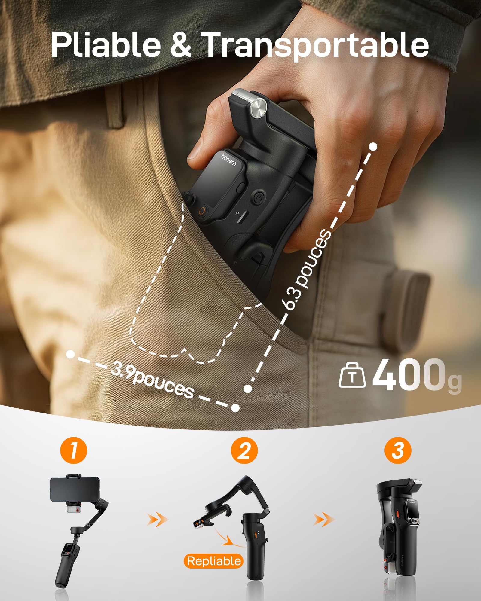 hohem Stabilisateur pour Smartphone iSteady V3 Ultra, Gimbal avec Suivi à 360°, Suivi IA Multimodal, Écran Tactile de 1,22 Pouce, Stabilisateur iSteady 9.0 pour Vlogs TikTok Youtube