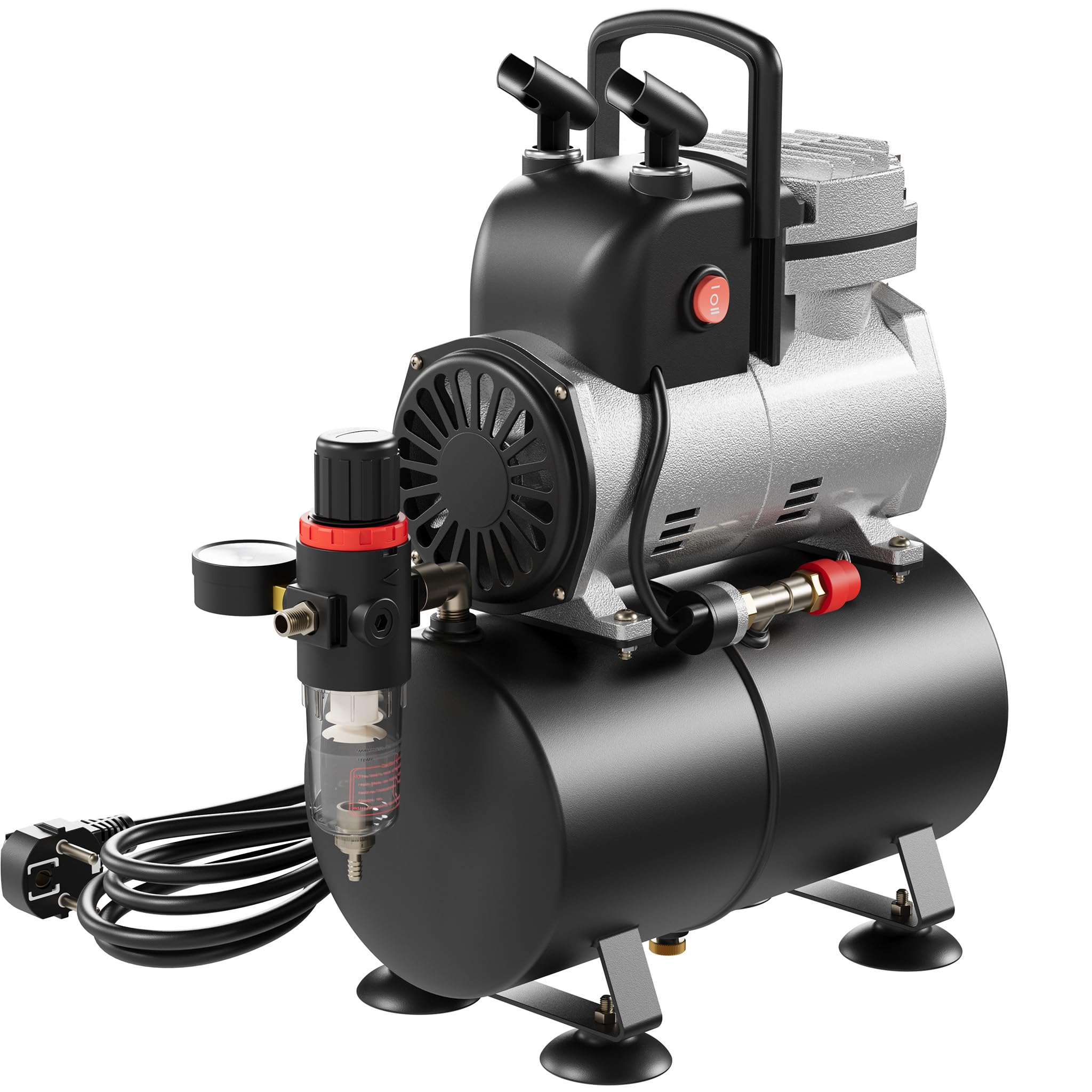 Wiltec Airbrush Einzylinderkolbenkompressor AF189 mit Lufttank, max. 6 bar Druck, Druckminderer, Wasserabscheider, Manometer, für Modellbau, Nailart, Tattoos