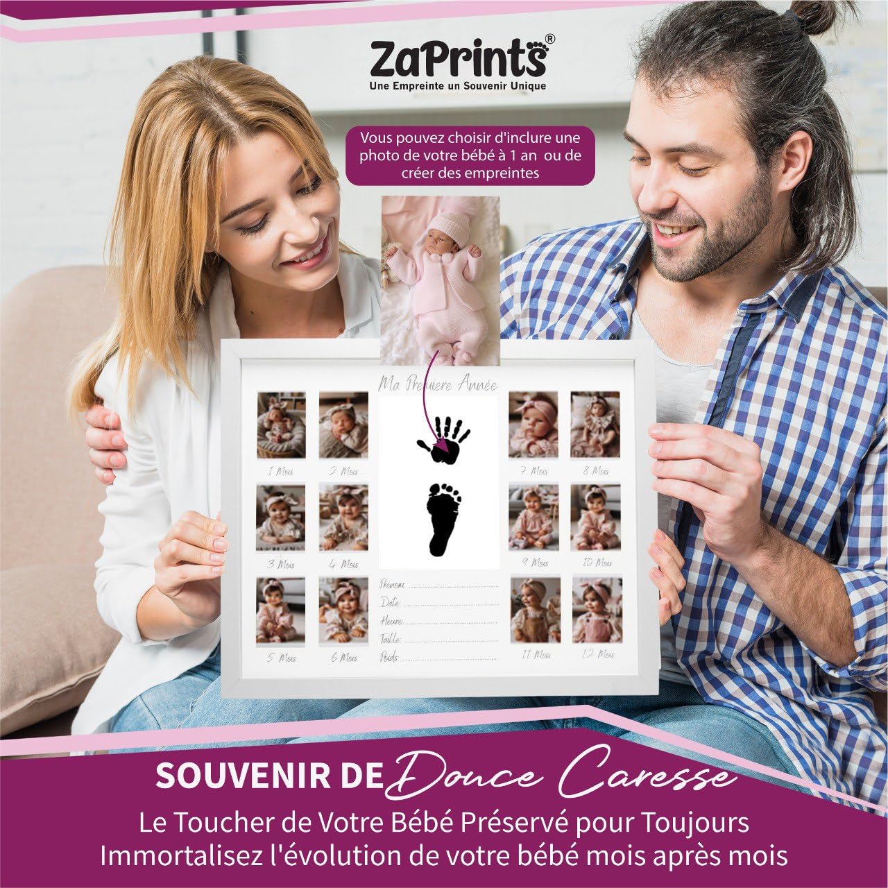 Cadre Photo Souvenir de la Première Année Bébé - 12 photos Pêle Mêle - Kit Empreinte Bébé - Cadeau Naissance Personnalisé - Décoration Cadre Chambre Bebe - Coffret Cadeau- En Français