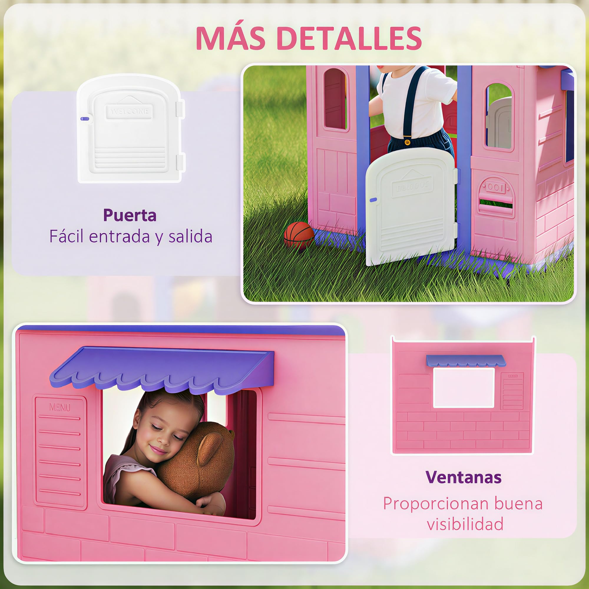 AIYAPLAY Casita Infantil Exterior e Interior 3 en 1 con Lanzamiento de Aros y Baloncesto Casita Infantil de Jardín Casa de Juegos para Niños 2-5 Años Rosa y Morado