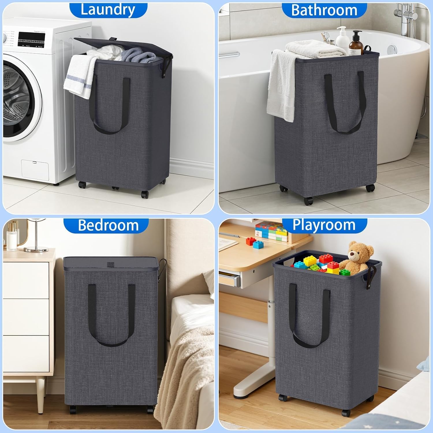 Laundry Basket with 5 Wheels, Tall Dirty Laundry Hamper, Rolling Laundry Basket with Lid, Large 100L Collapsible Clothes Hamper for Laundry Room Bedroom Bathroom Dorm, Light Gray