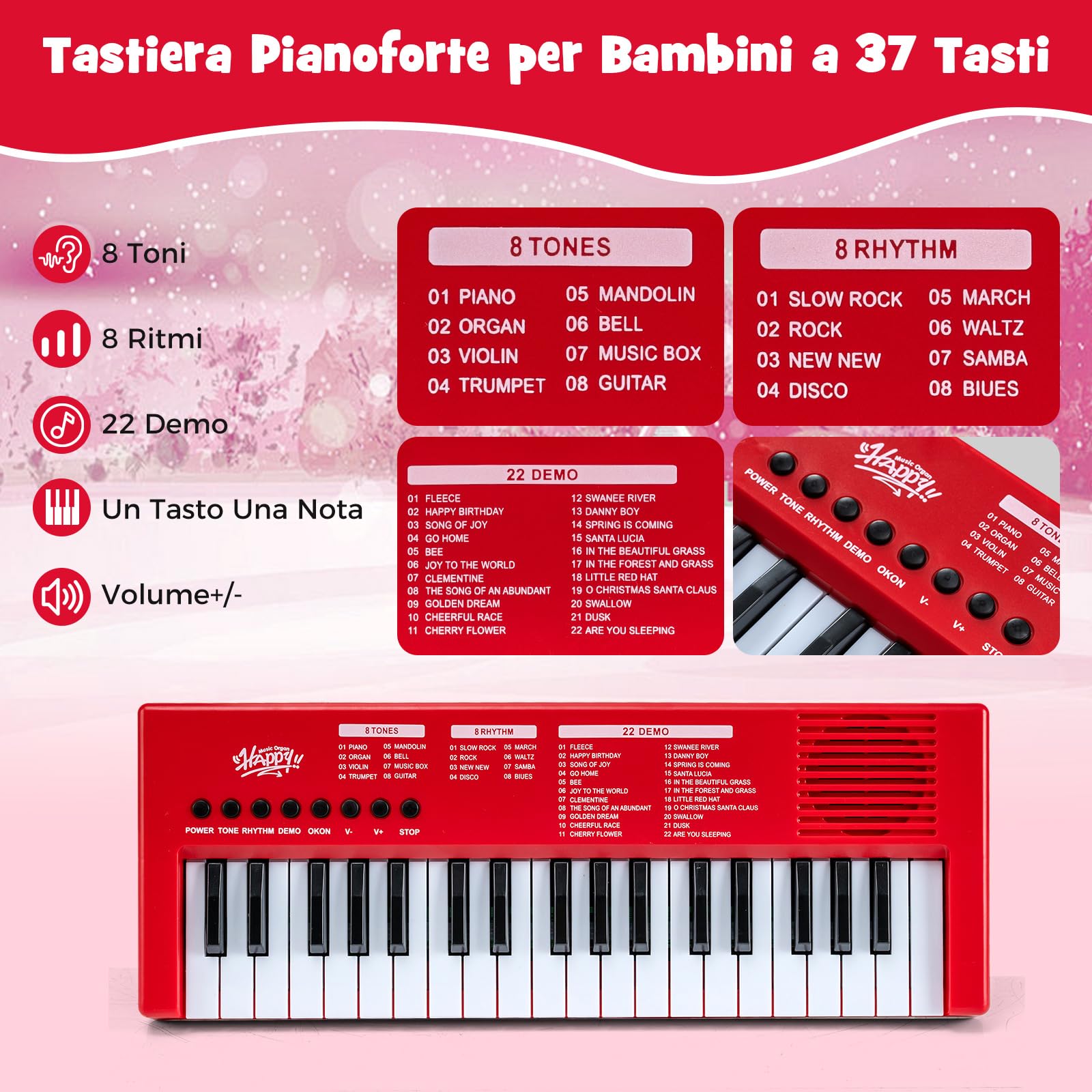 COSTWAY Pianoforte Digitale 37 Tasti per Bmabini 3+Anni (Rosso) | Pianola Portatile con 8 Ritmi, 8 Timbri e 22 Demo, Tastiera Musicale Educativo con Microfono e Cavo USB