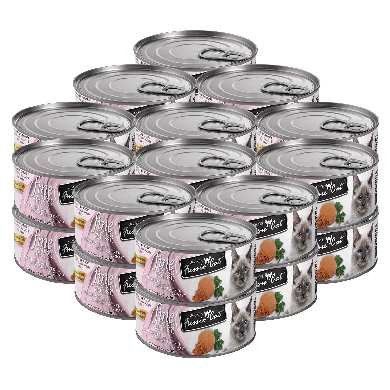 Fussie Cat Fine Dining Mousse Mackerel with Pumpkin Entrée Wet cat Food, 2.47 oz can, case of 24