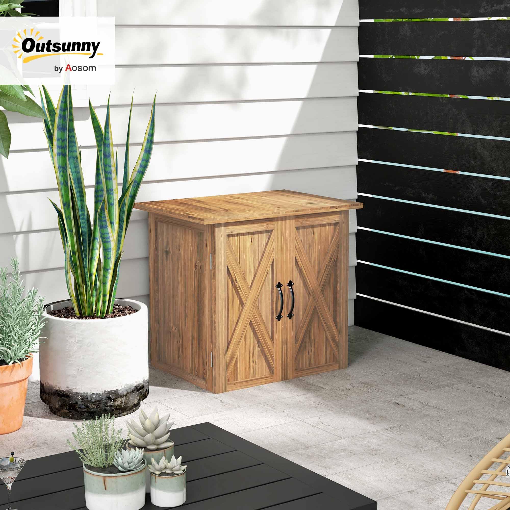 Outsunny Armadio da Esterno in Legno di Abete a 2 Ante, Casetta da Giardino per Attrezzi con Tetto e Chiusura Magnetica, per Giardino e Balcone, 77x55x72 cm, Marrone