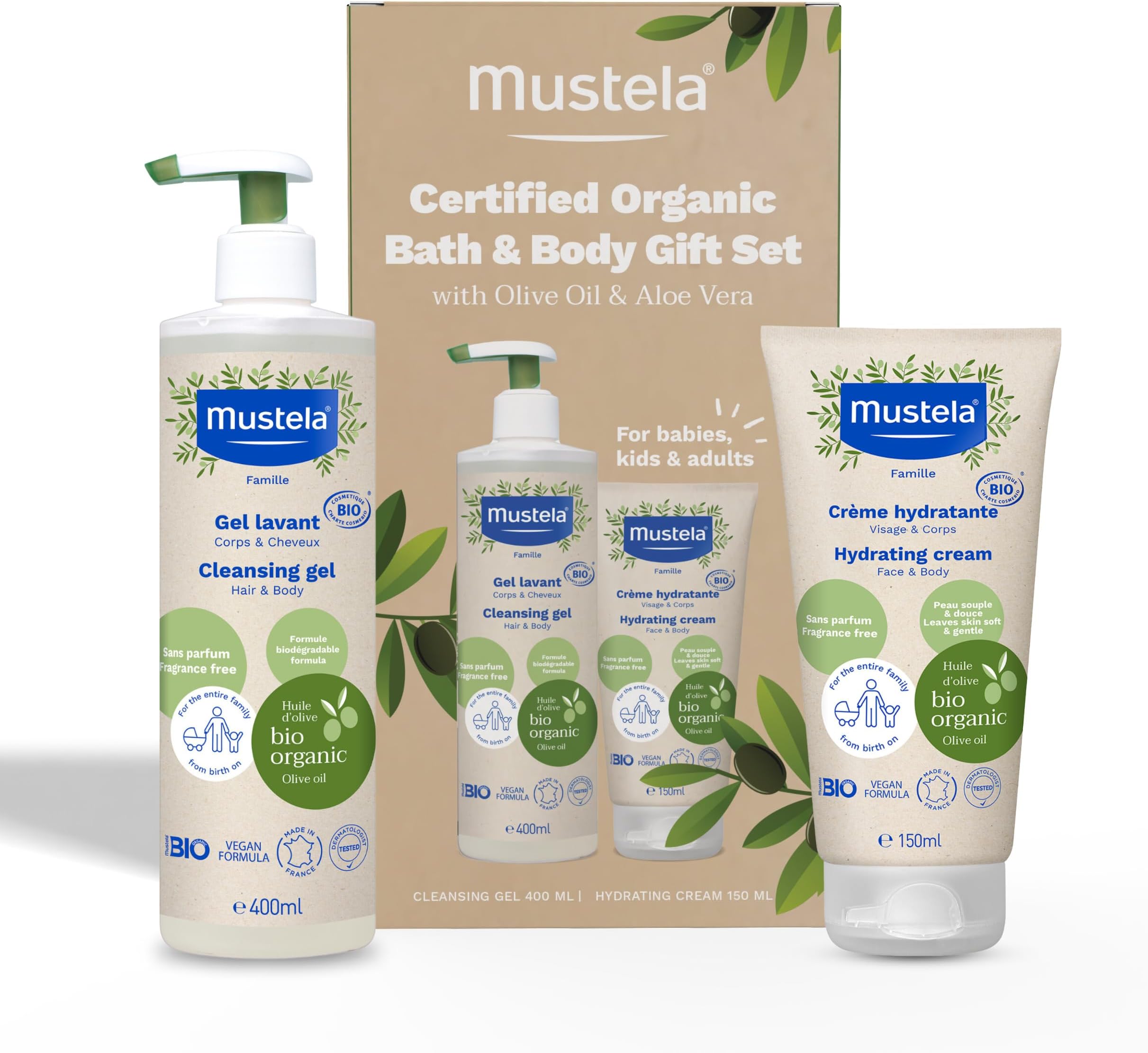 Certified Organic Bath Body Gift Set - Fragrance-Free Skin Care Essentials with Olive Oil Aloe Vera - Contains Cleansing Gel Hydrating Cream for Baby, Kid Adult - 2 Items Set.