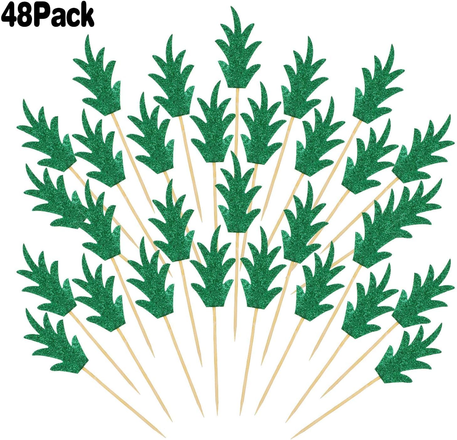 48 Pieces Pineapple Cupcake Toppers Glitter Pineapple Leaf Toothpicks Donut Decor Green Picks for Summer Hawaii Tropical Party Cake Decorations Supplies