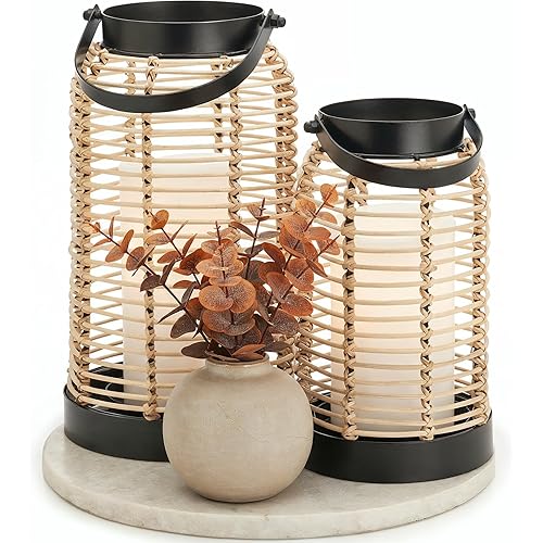 Natural Rattan Boho Lanterns - Handcrafted Chic Decor to Enhance Your Home - Modern Farmhouse Beauty Perfect for Any Living Room, Patio & Porch, Indoor and Outdoor Coffee Table or Kitchen Dining Table