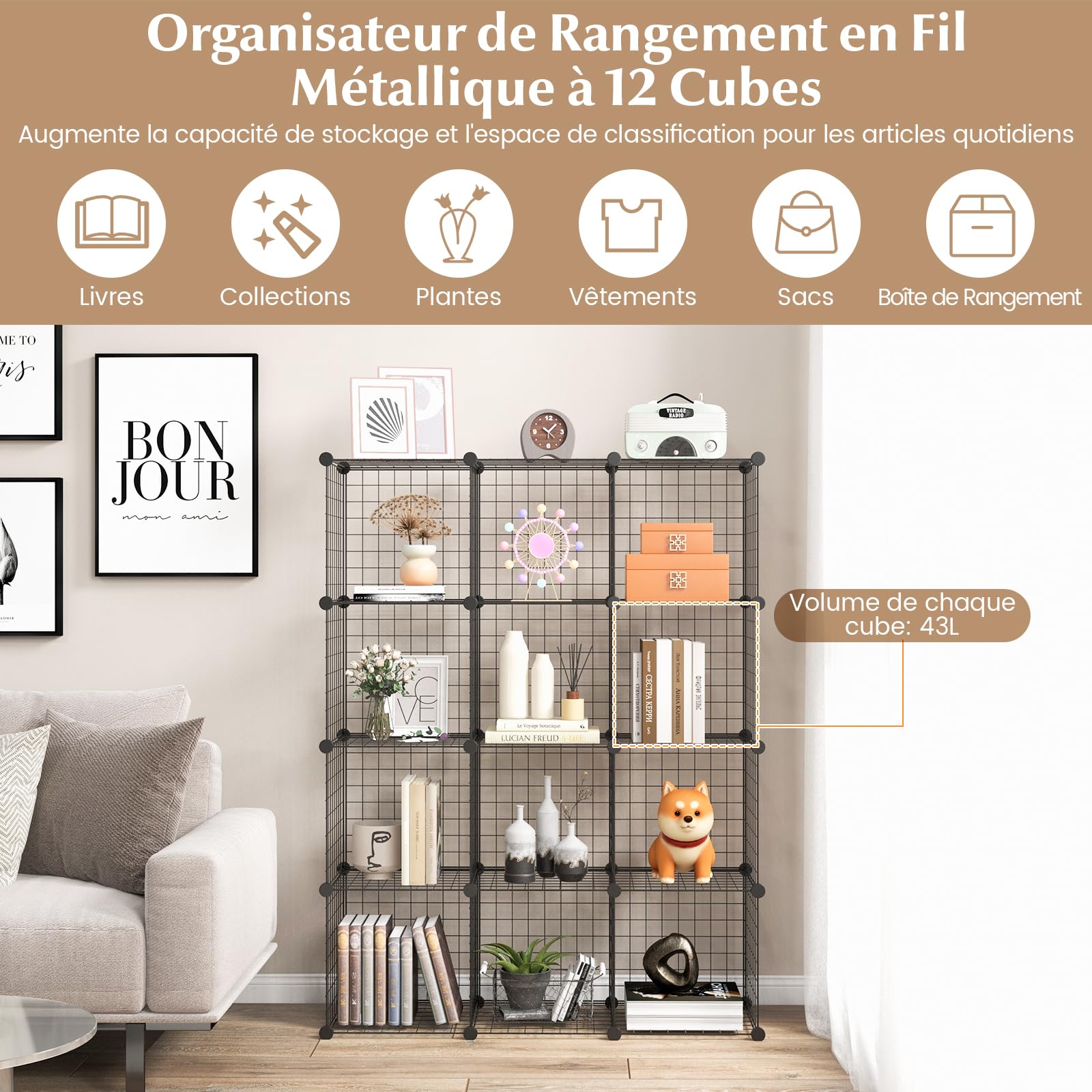 COSTWAY Étagère Cube en Grille Métallique, Armoire de Rangement Conception DIY à 12 Cubes, Modulaires Empilables, Grande capacité, Meuble de Rangement pour Chambre, Bureau, Garage, Noir