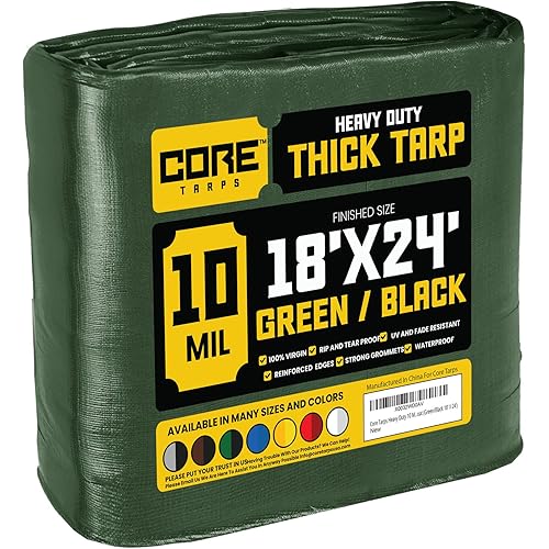 Core Tarps Heavy Duty 10 Mil Tarp Cover, Waterproof, UV Resistant, Rip and Tear Proof, Poly Tarpaulin with Reinforced Edges for Roof, Camping, Patio, Pool, Boat (Green/Black 18′ X 24′)