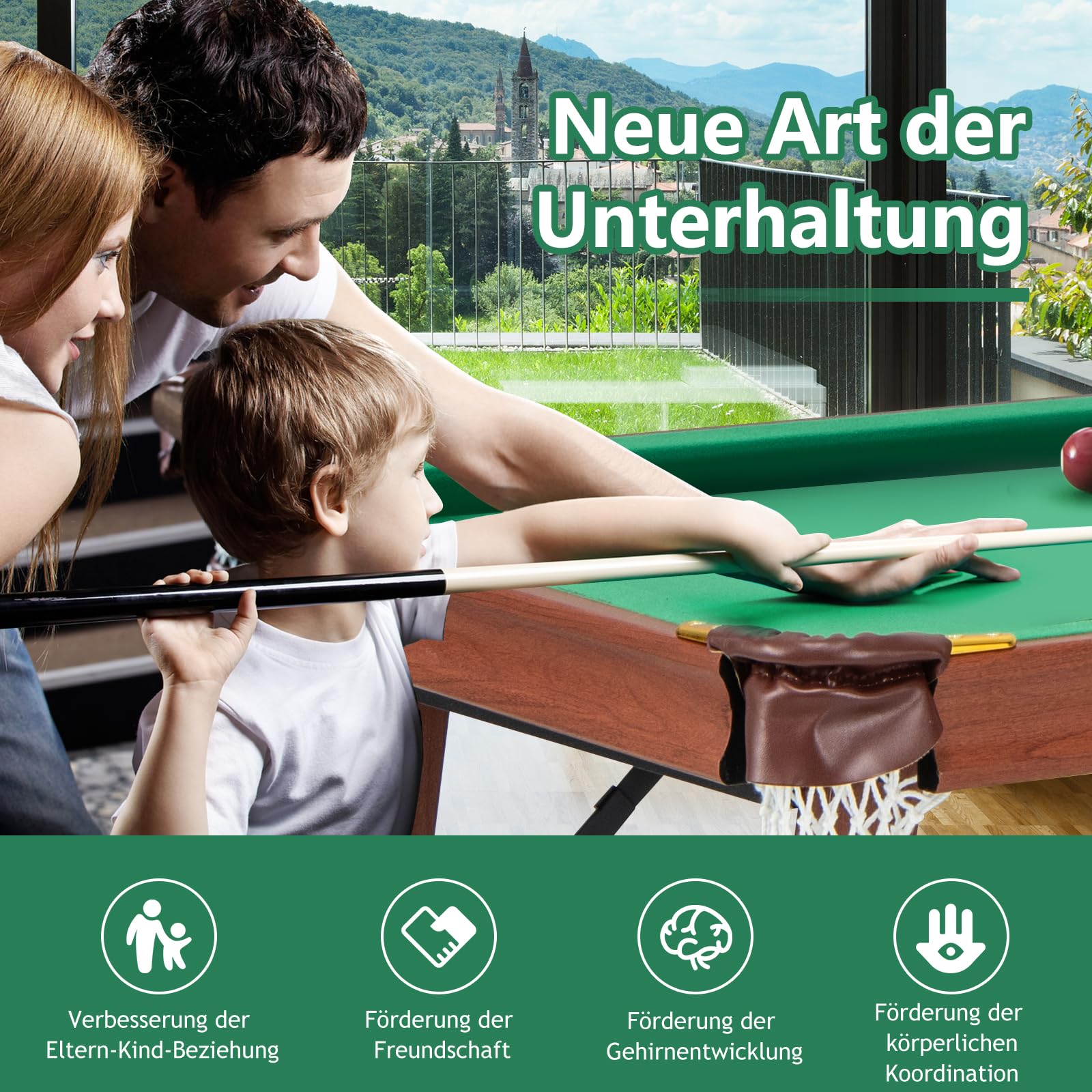 DREAMADE Klappbarer Billardtisch Pooltisch für Kinder & Erwachsene, Tischspiel Tischbillard mit 16 Kugeln & Dreieck & 2 Kreiden & 2 Queue-Sticks 138 x 67 x 79,5 cm