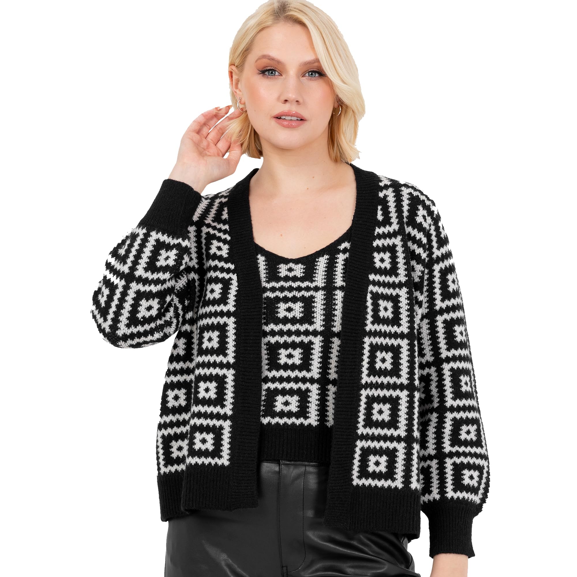 Lovedrobe Women's Twinset Ladies Long Sleeve Cardigan Knitted Two Piece Sleeveless Vest Tank Top Granny Square Knitwear Co-ord, Black and Cream 12-14