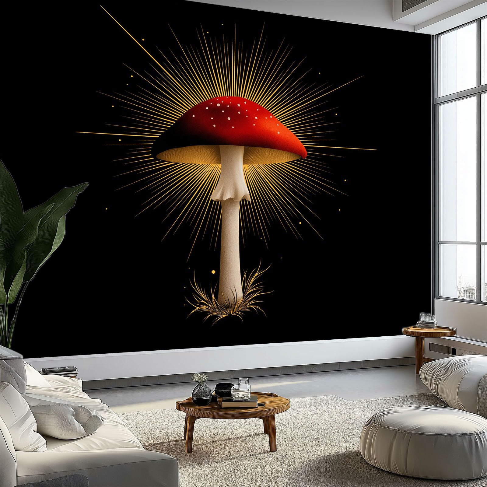 Generico Tapeta z efektem 3D elegancka czerwona roślina grzybowa, czarna dekoracyjna tapeta panoramiczna - do salonu przedpokoju biura 350 x 256 cm (szer. x wys.)