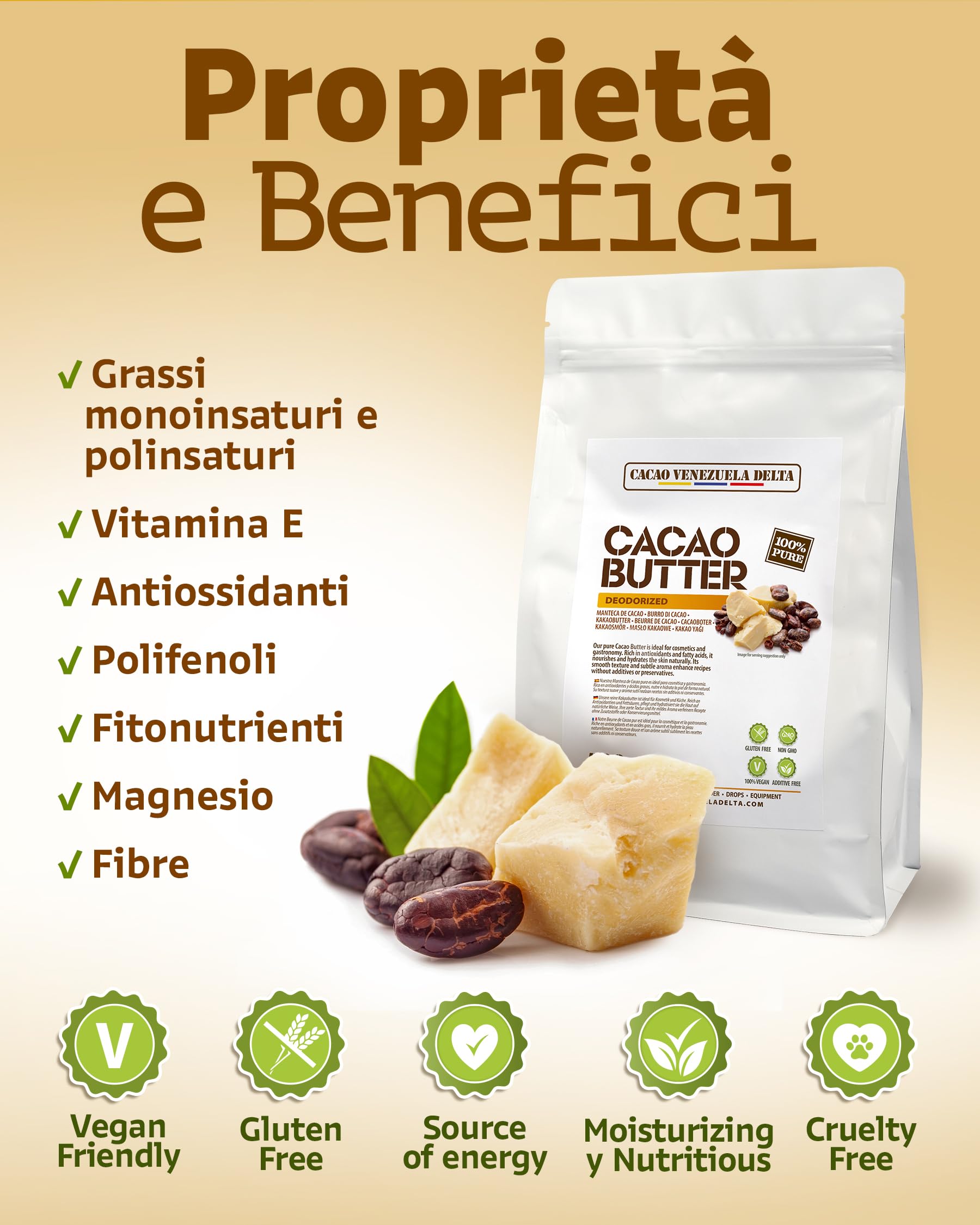 Cacao V Delta Burro Di Cacao Deodorato Alimentare e per Cosmesi 250g - Puro, Non Raffinato - Cheto, Paleo, Vegano, Senza Glutine - Per Dolci e Cioccolato - Antiossidanti, Acidi Essenziali