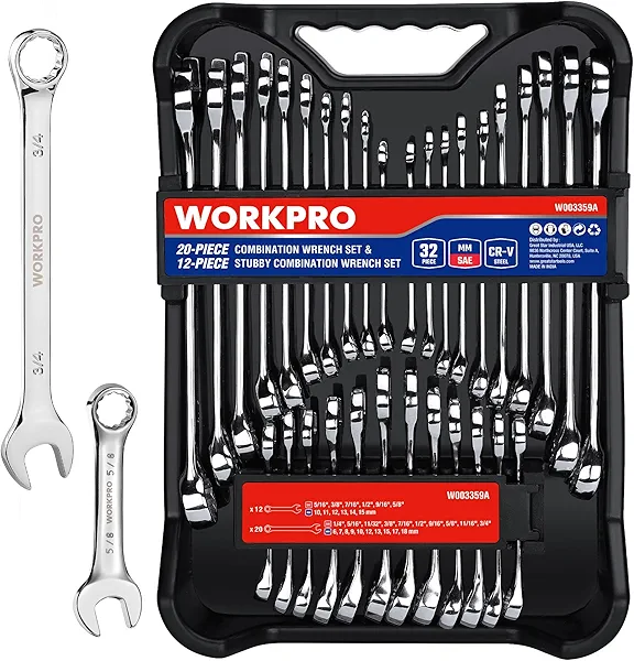 WORKPRO 32-Piece SAE & Metric Combination Wrenches Set, 20-Piece Standard wrenches and 12-Piece Stubby Wrenches with Organizer Tray, Cr-V Steel Mirror Chrome Polished