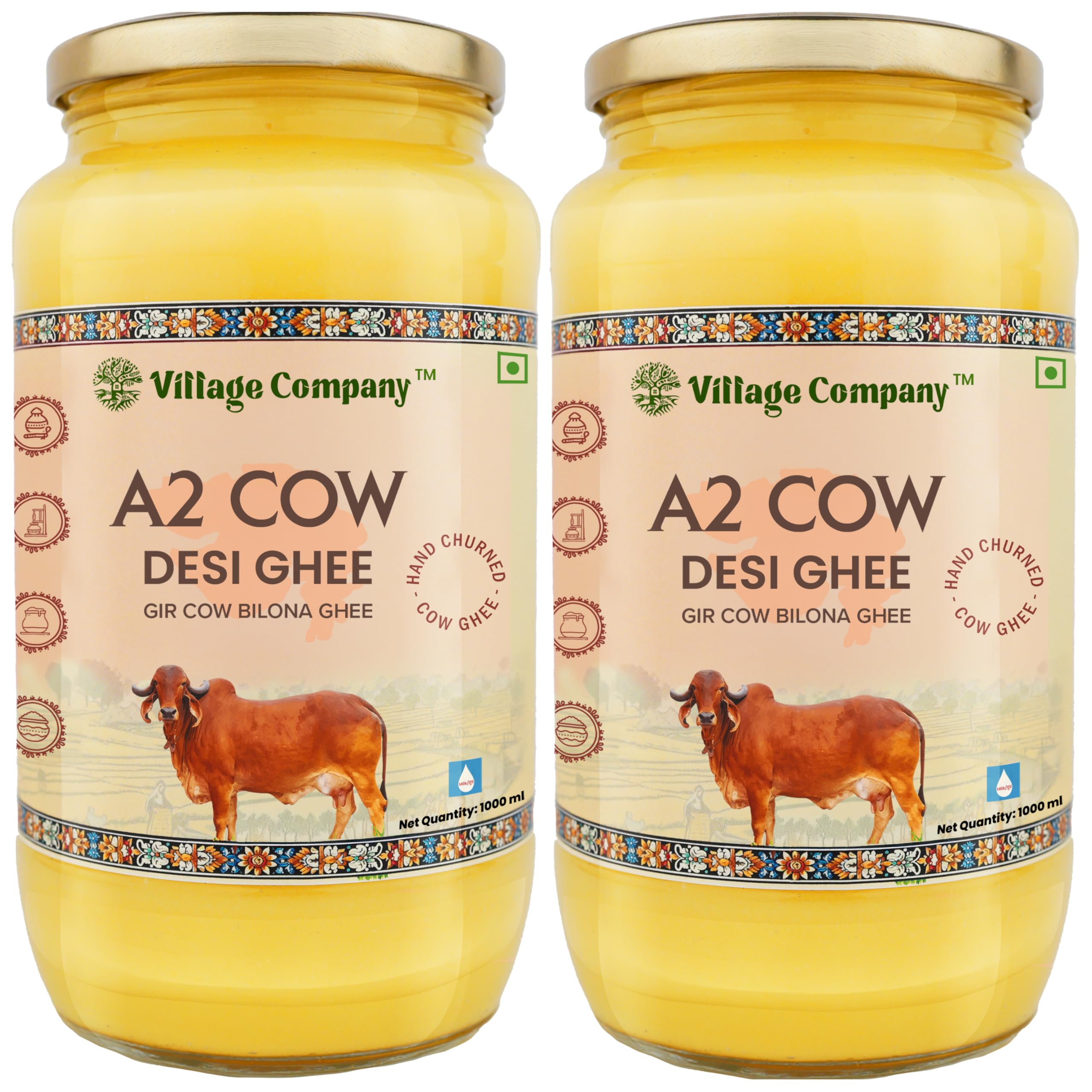 Village Company A2 Cow Desi Ghee 1000ML Pack of 2 | Gir Ghee Vedic Bilona Method | Organic Pure Natural | Two Way Curd Churned - Best Farm Fresh Grass Fed Cattle Milk | India Lab Certified | Glass Jar