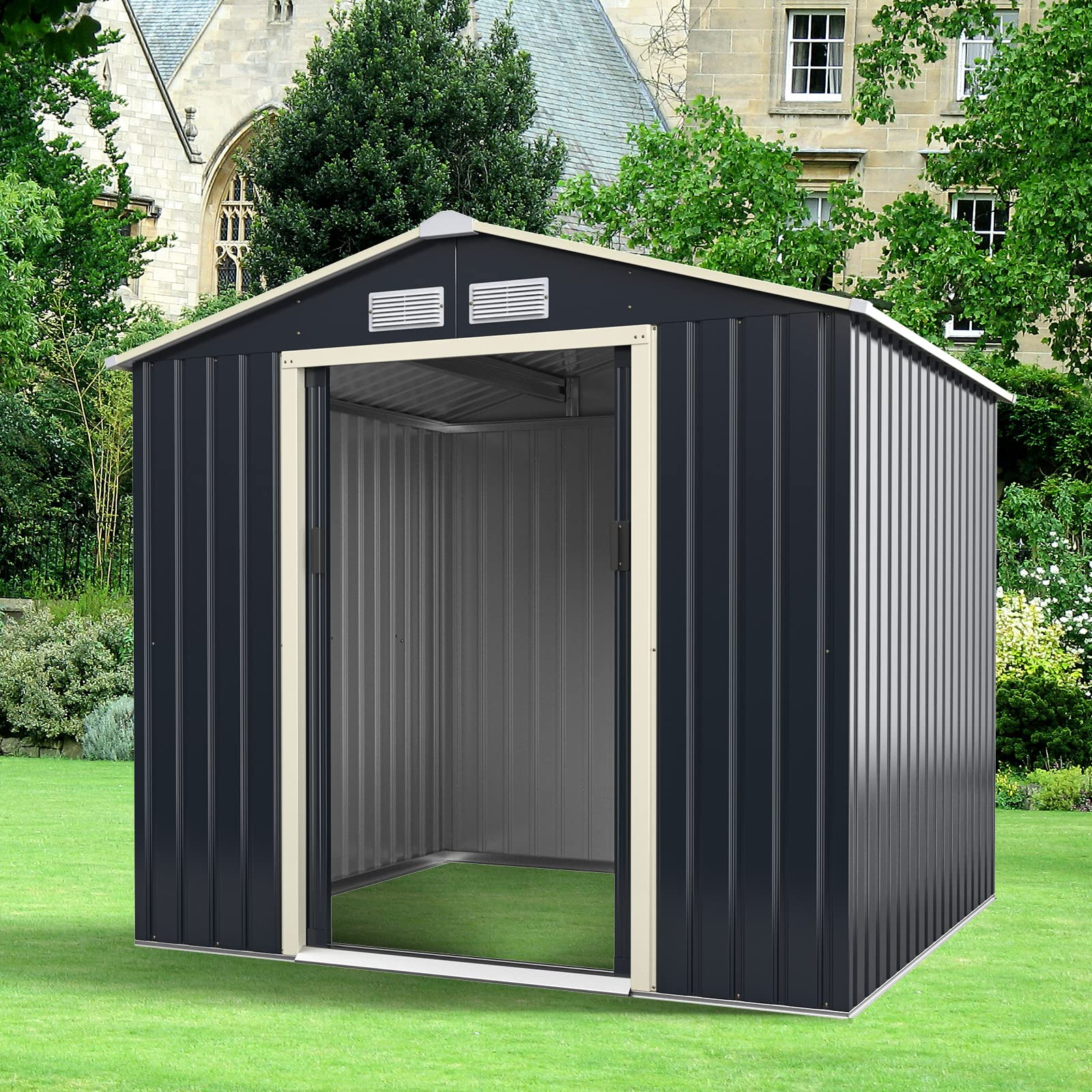 GOPLUS Metalowy domek na narzędzia, 4,07 m², rozszerzony 213 x 191 x 195 cm, szopa na narzędzia z drzwiami przesuwnymi, dach dwuspadowy, okno wentylacyjne, domek ogrodowy do ogrodu, na taras, balkon