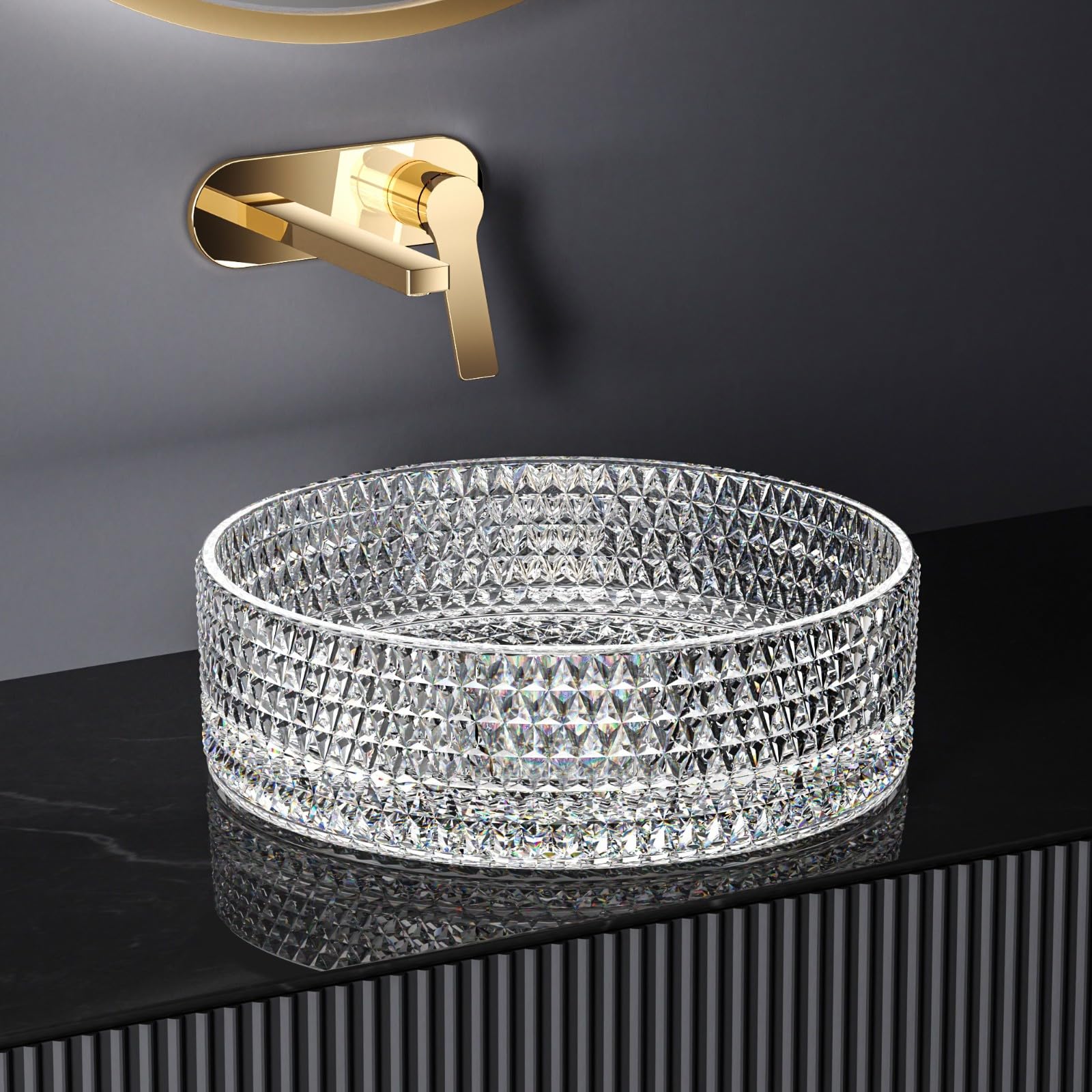 EMKE Lavabo de cristal redondo, lavabo de cristal transparente, 36 x 36 x 11,2 cm, lavabo de mano de alta calidad para baño y aseo de invitados, lavabo sin orificio para grifo
