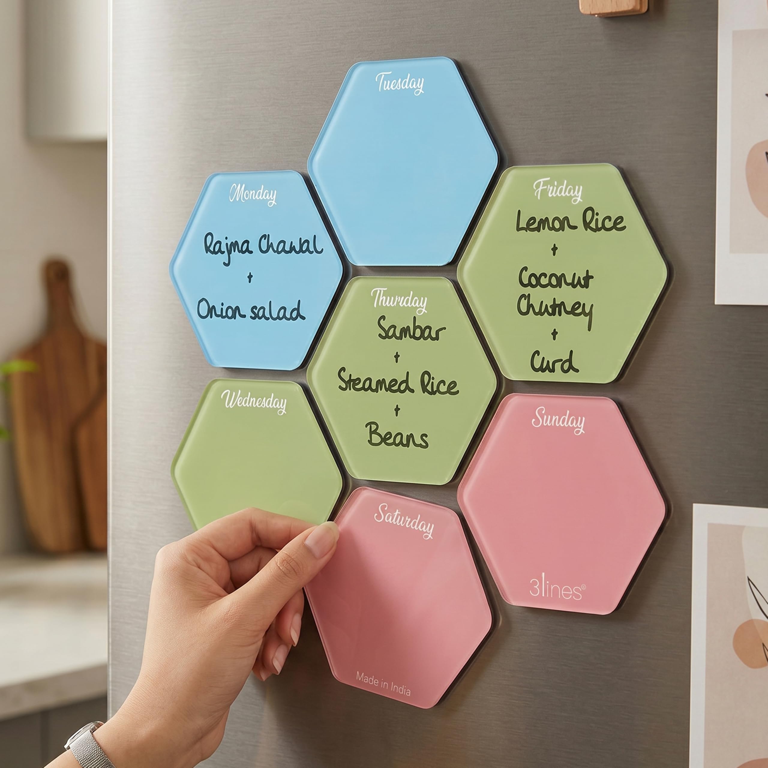 3 Lines Weekly Meal Planner | Acrylic Honeycomb Design for Fridge Magnets with Markers | Stay Organized | Adorable Meal Planner Magnets for Each Day of The Week | 7 Pcs..-image-29