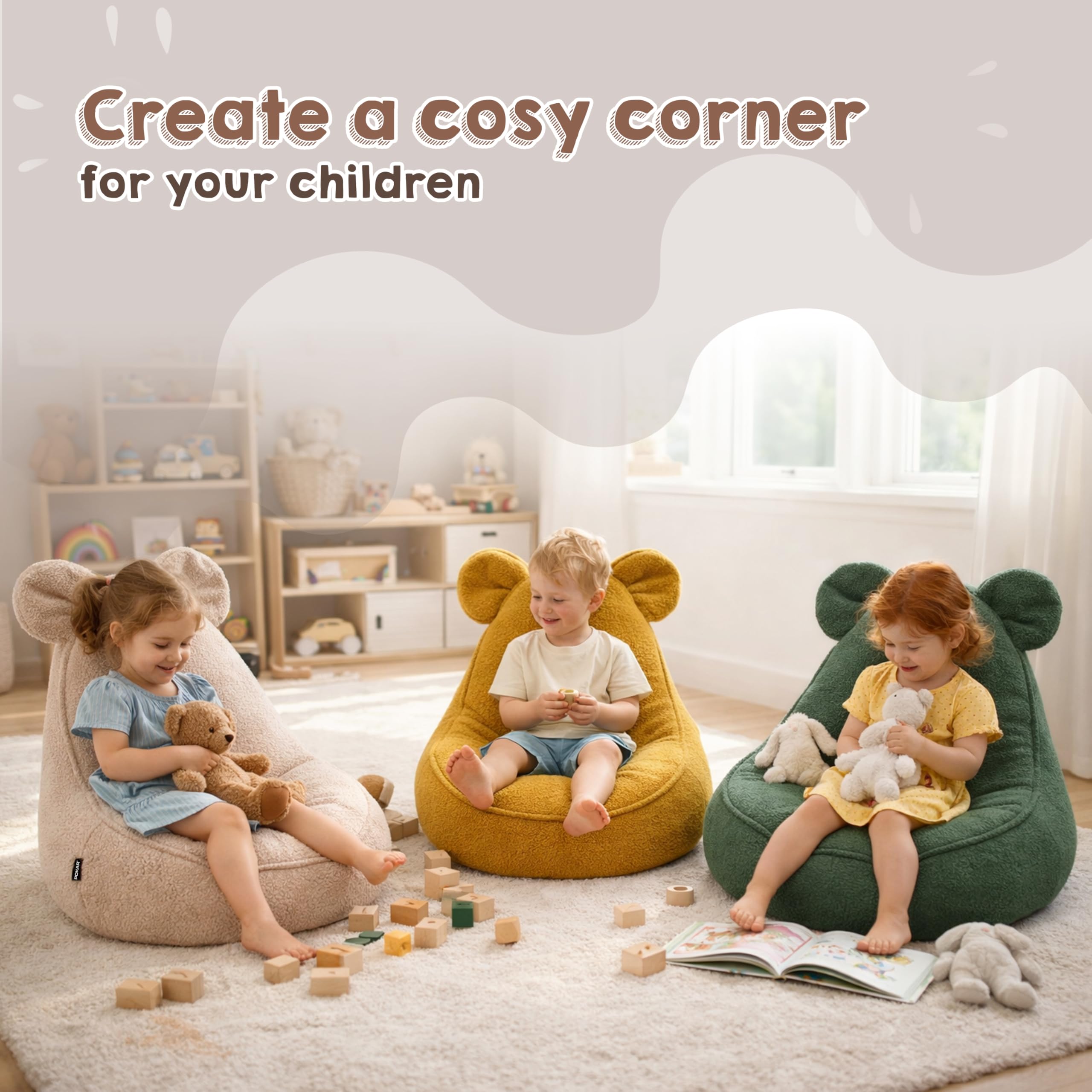 POKAR Pouf Bambini con Orecchie di Topo 68x68x50 cm | Poltroncina Sacco in Tessuto Bouclé e Imbottitura Schiuma PU | Sedia Montessori per Cameretta e Gioco | OEKO-TEX | Made in EU | Beige Accogliente
