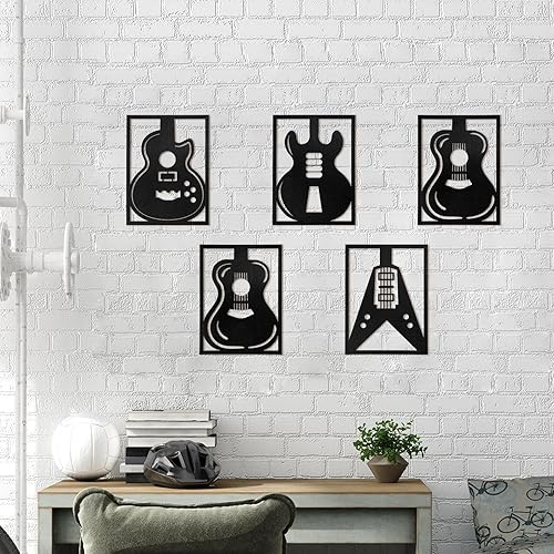 Miniatura 5 de Amyhill 5 piezas de arte de pared de música de madera, decoración de pared de guitarra moderna, decoración musical hueca para habitación, decoración