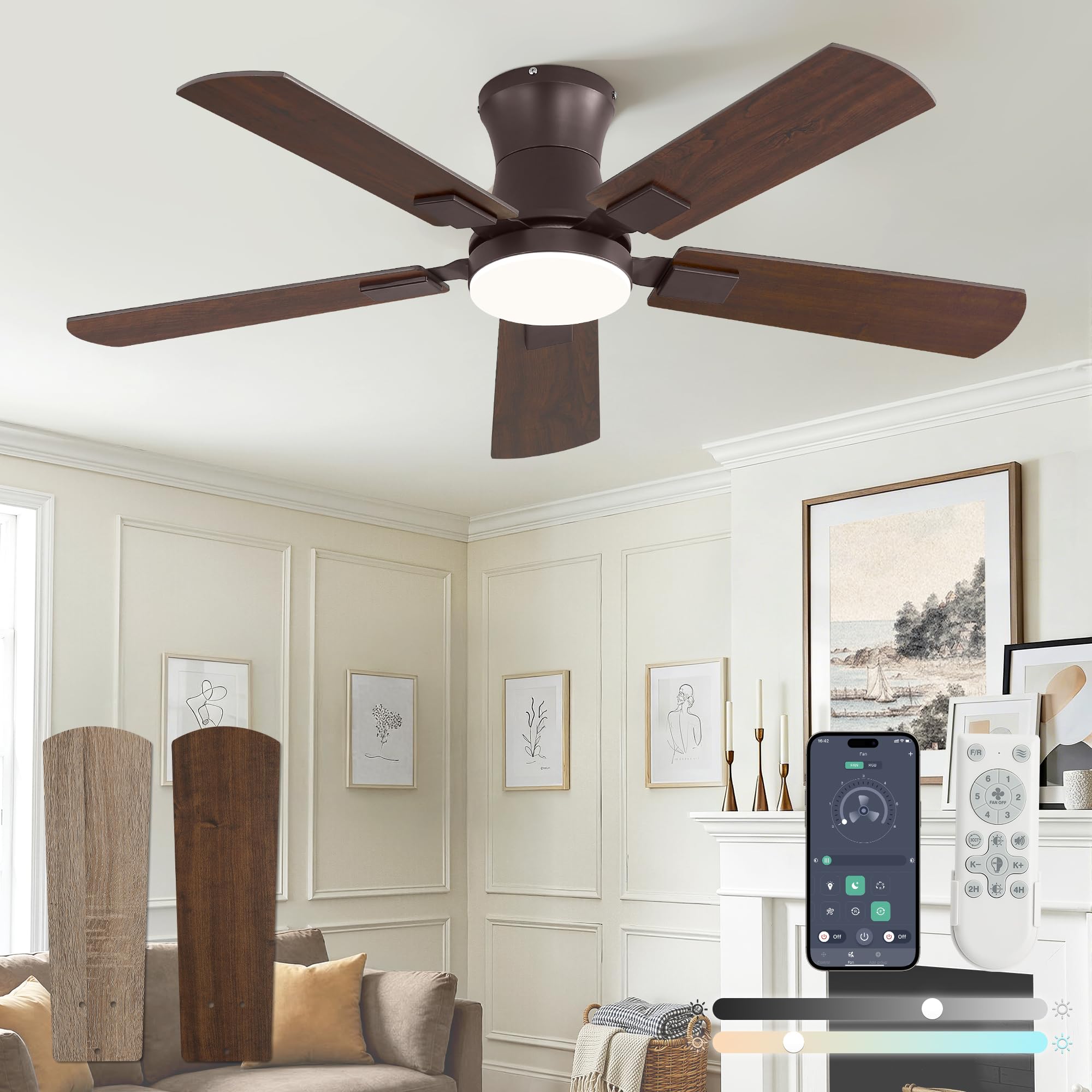 Photo 1 of Fanbulous 42 inch ceiling fan with light, Low Profile Ceiling Fan with Light, App&Remote Control, Dimmable LED Light, Flush Mount Ceiling Fan for Indoor Bedroom Living Room, Qiuet DC Motor