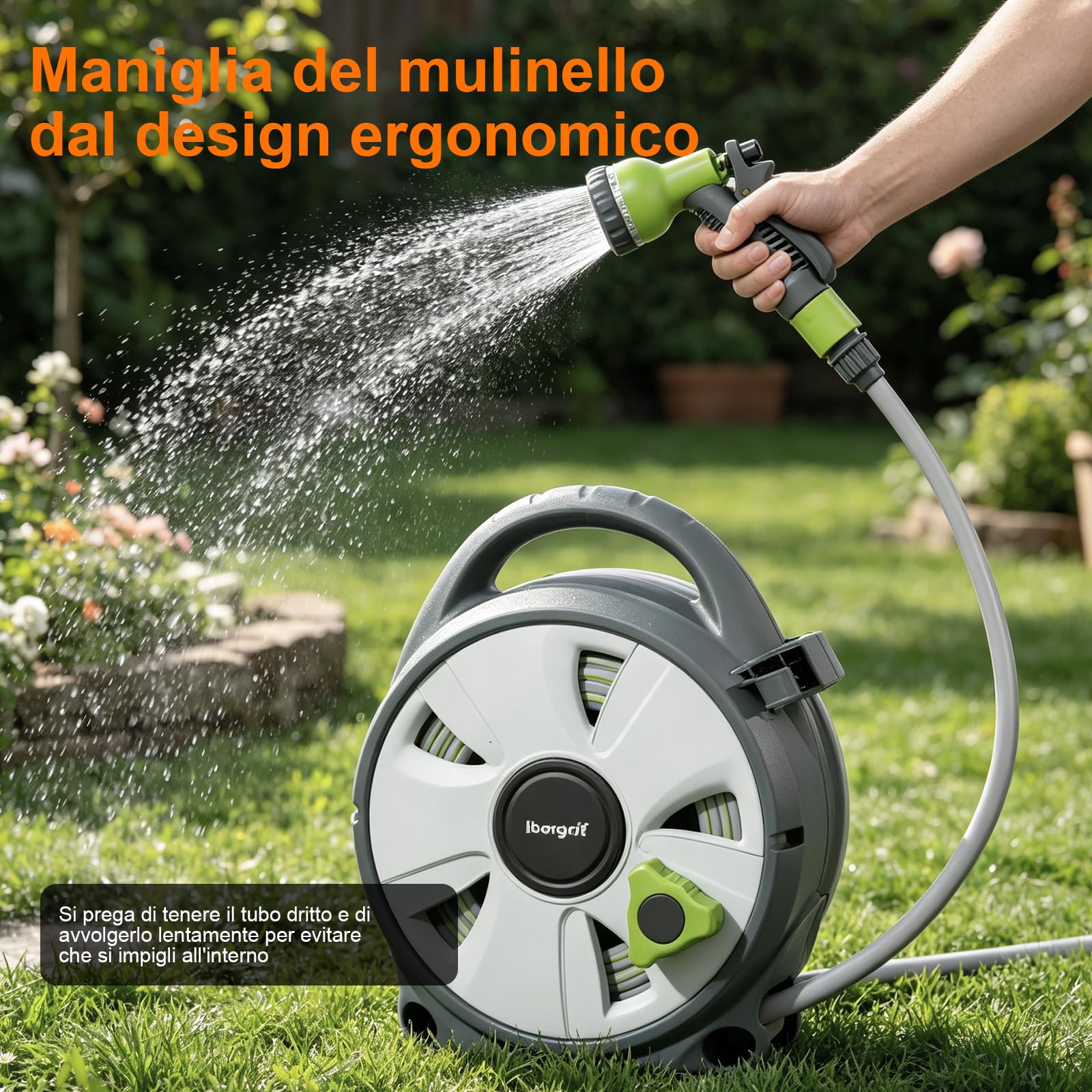 Ibegrif M22220 Avvolgitubo 10M con Pistola per Irrigazione 8 Modelli Regolabili, per camper, campeggio, caravan, Grigio