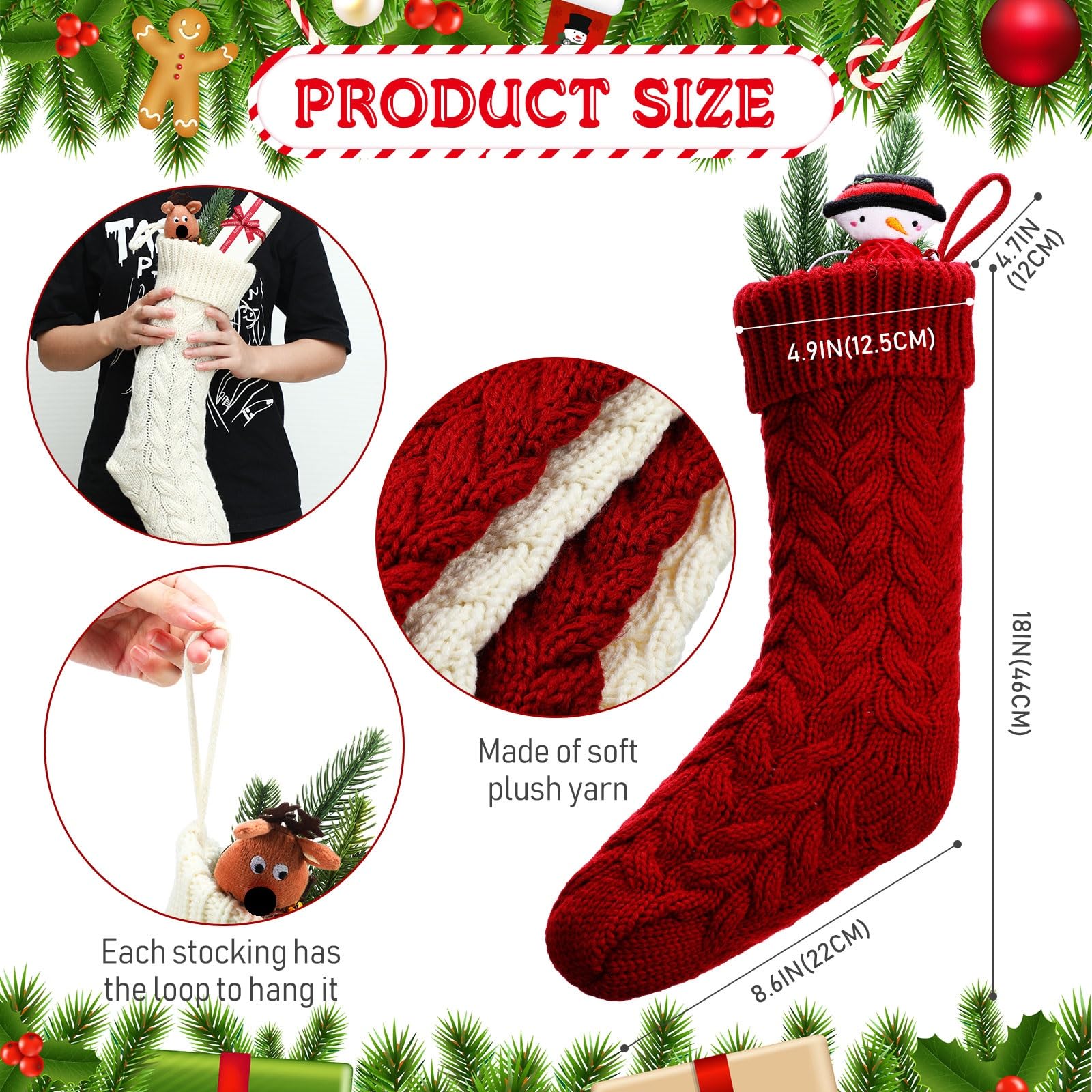 Lot de 6 chaussettes de Noël tricotées de 45,7 cm avec étiquettes de nom pour décoration de Noël en famille (bordeaux, blanc ivoire)