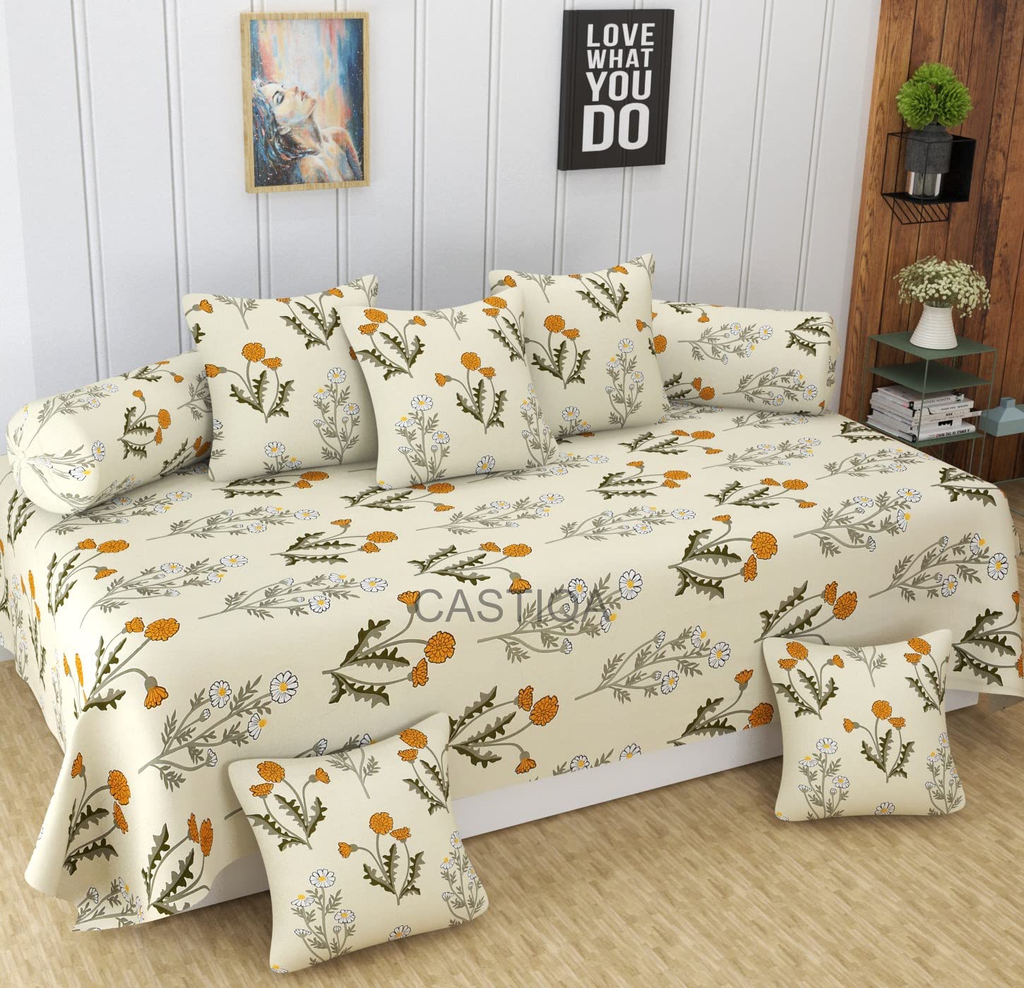 Castiqa Microfibre Unique Patterns Diwan Set Covers 8 Pcs Set of 1 Bedsheet 2 Bolsters and 5 Cushion Covers Color-Black Tree-image-42