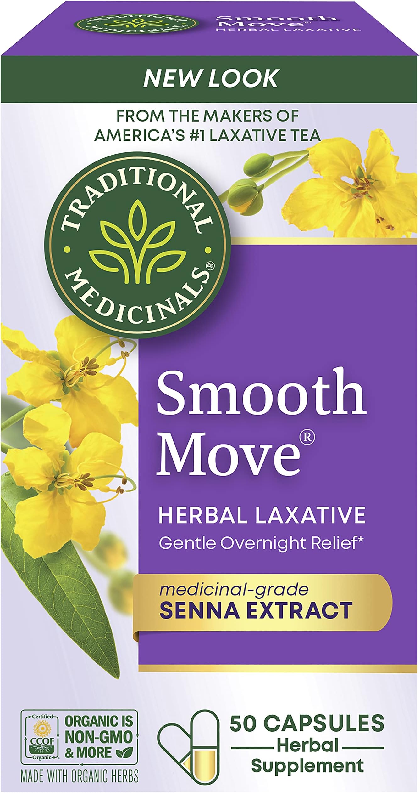 Smooth Move Laxative Capsules - Contains Organic Senna - Natural Herbal Constipation Relief - 50 Capsules (1 Pack)