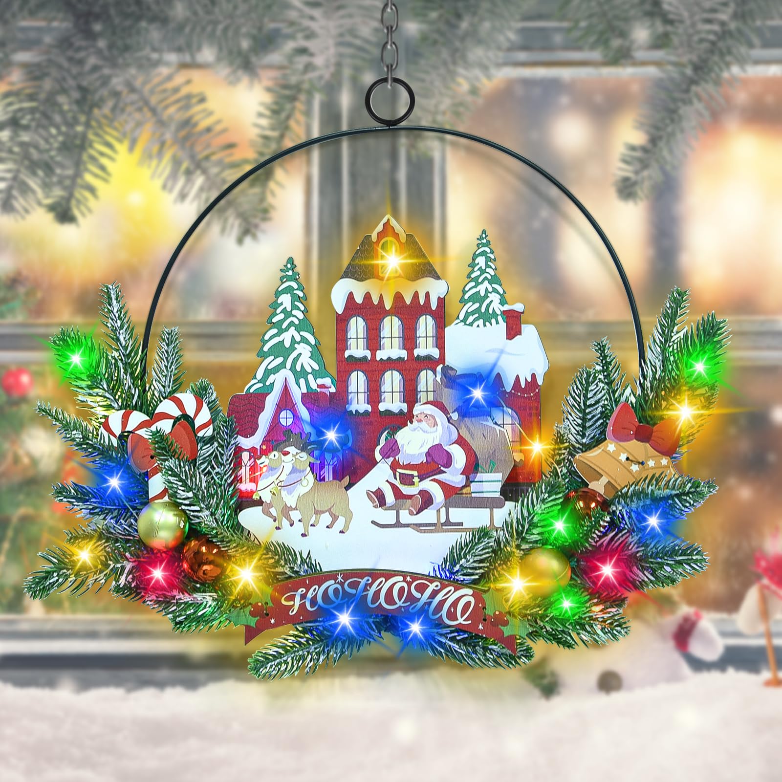 Pre-Lit Christmas Wreath for Front Door, Lighted Witch with 6H On/18H Off