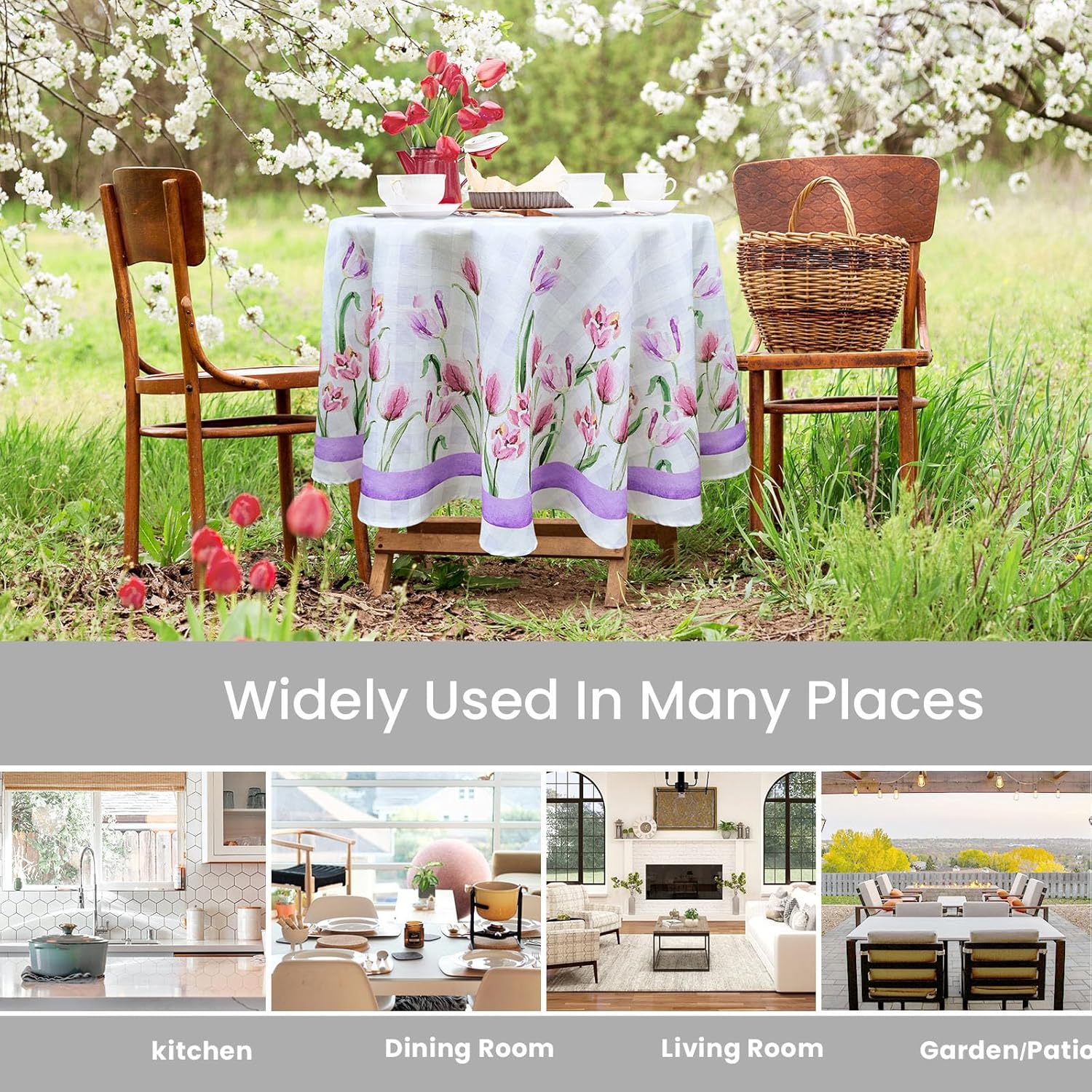 Spring Summer Tablecloth 70x70 Inch Washable Table Cover, Watercolor Wild Flowers Tulip Blooming Floral Table Cover for Party Picnic Dinner Deco (PurpleTulip)