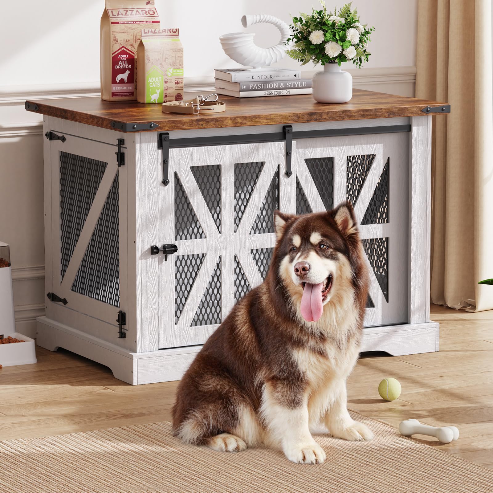 Hundekäfig, 110 cm Hundebox, Dreitüriger Hundekäfig für zu Hause, Schiebetür, Modernes Holz-Hundehäuschen, Mittlere und Große Hunde, Verstärktes Eisennetz, 110x74x81 cm, Weiß