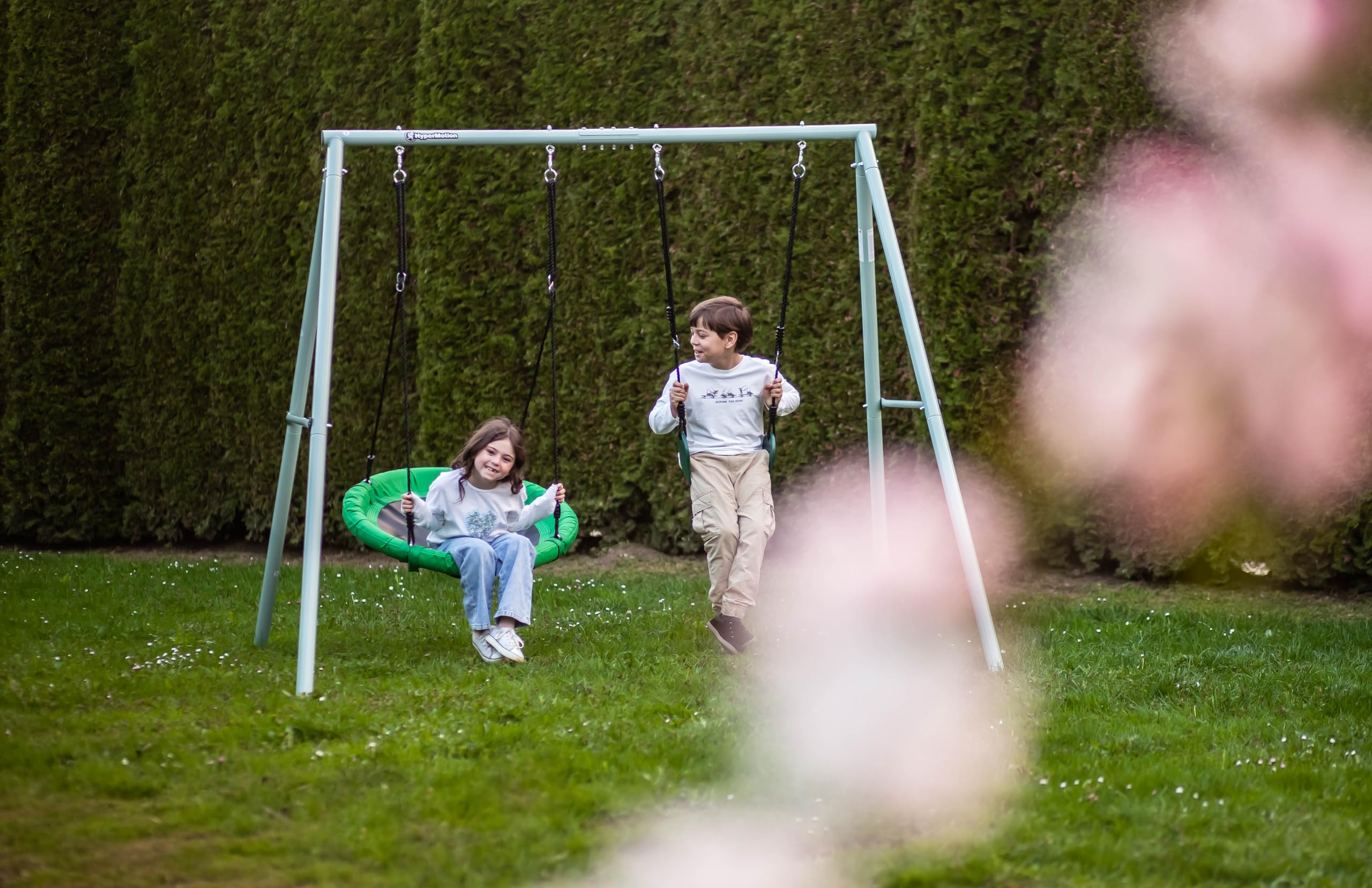 HyperMotion Columpio Infantil Doble para Jardín Exterior - Asiento y Nido de Cigüeña Ajustable con Estructura en A - para 2-3 Niños, Carga 200kg, Resistente UV