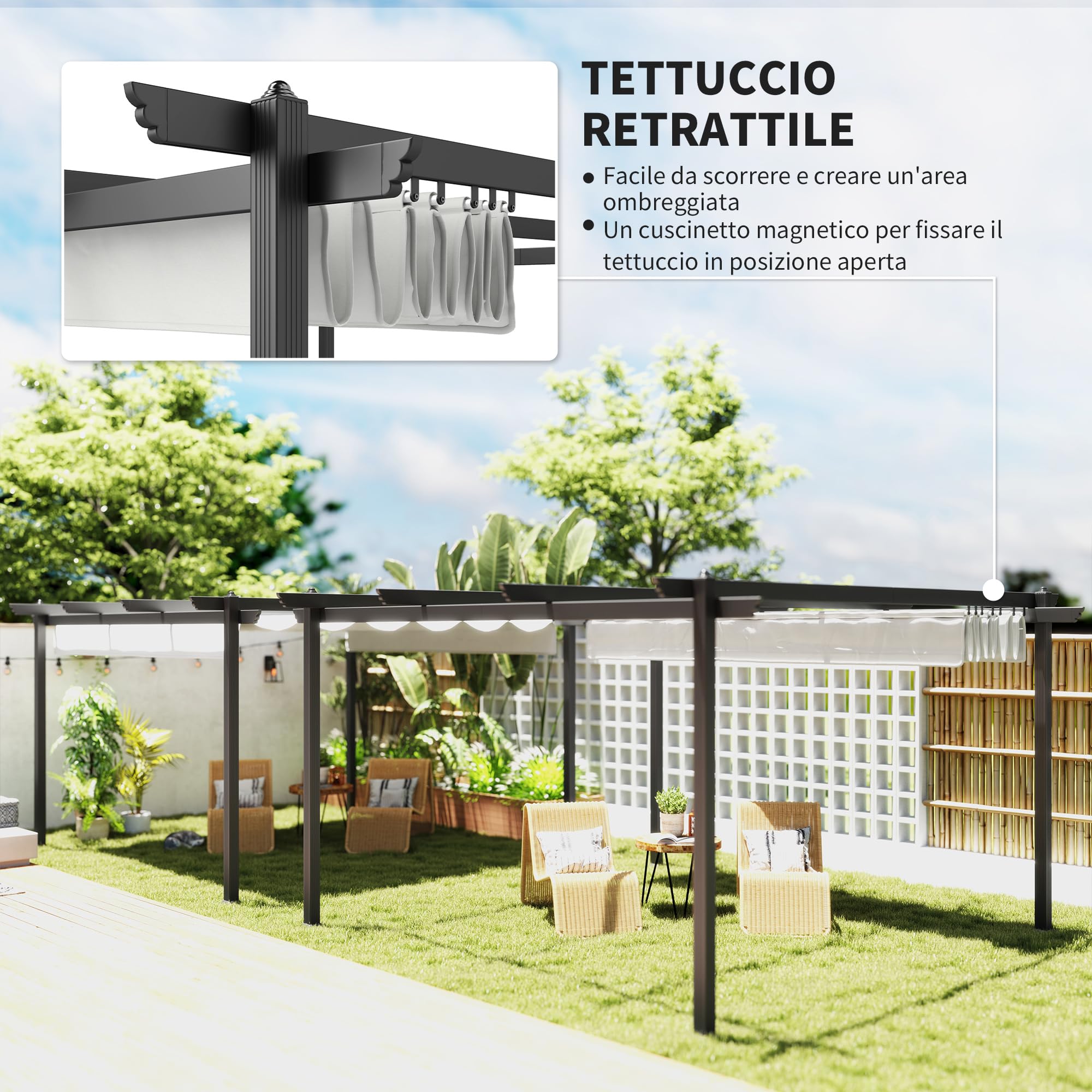 Outsunny Gazebo Pergola 4x4 m Retrattile Struttura Alluminio Bianco | Pergolato, Telo Resistente Richiudibile, Giardino, Terrazzo, Balcone, Veranda, Patio, Piscina, Esterno