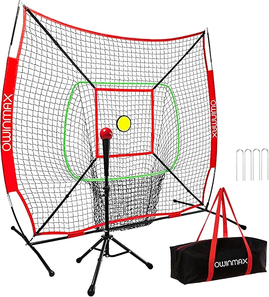OwinMax 6x6FT Baseball Net, Baseball & Softball Training net with Batting Tee, Strike Zone & Circular Target and Weighted Ball, Portable Design with Compact Storage,Great for Kids