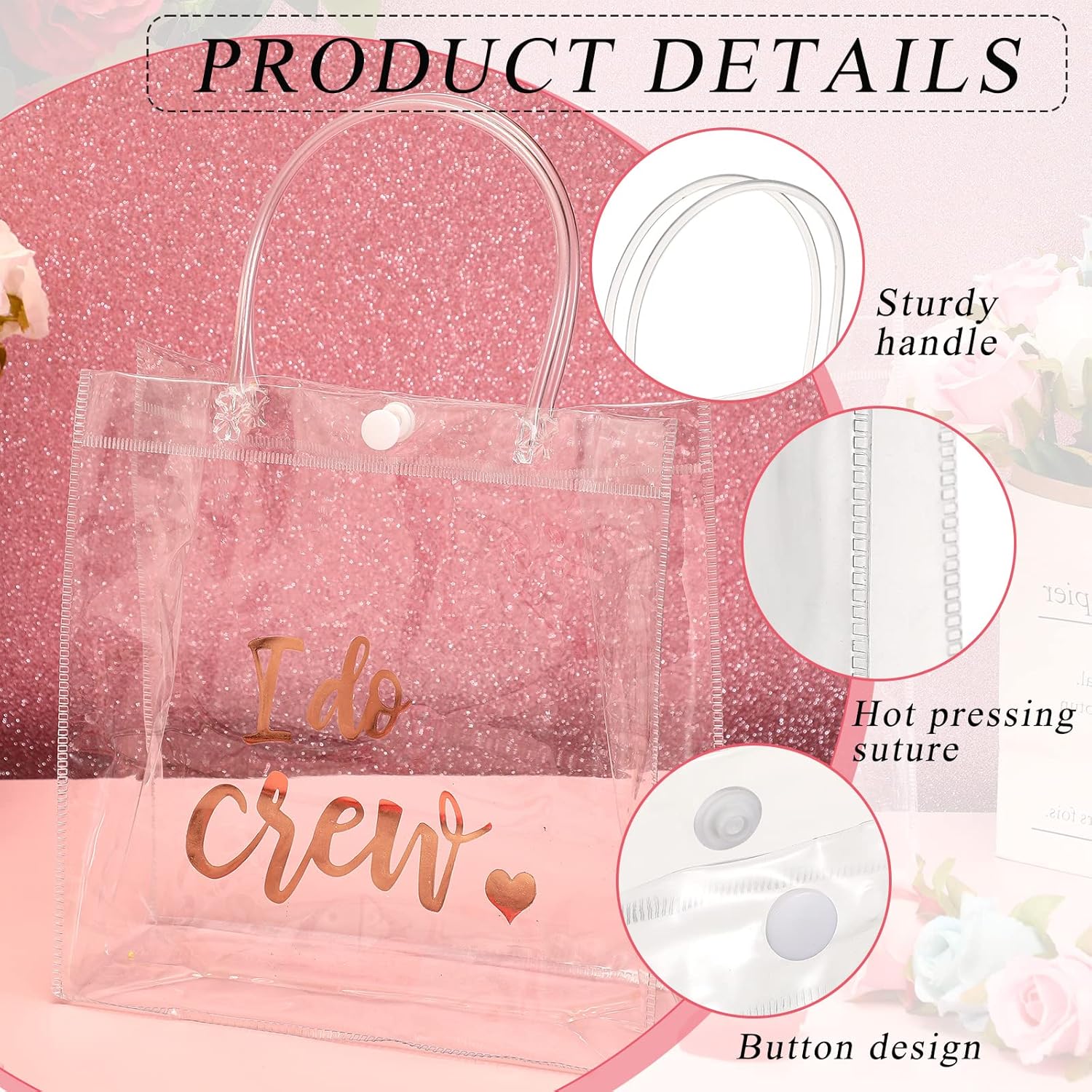 Sabary 12 Bridesmaid Gift Bags I Do Crew Bachelorette Plastic Clear Gift Bags with Handles for Wedding Party Favor Bridesmaids Team Bride Shower (Rose Gold, 7.87 x 3.15 x 7.87 Inch) - Image 3