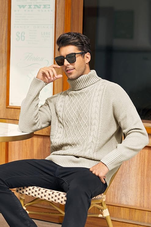 Mens Turtleneck Sweater Pullover Twisted Pattern Casual Loose Fit Thick Winter Long Sleeve Cable Knit Sweaters