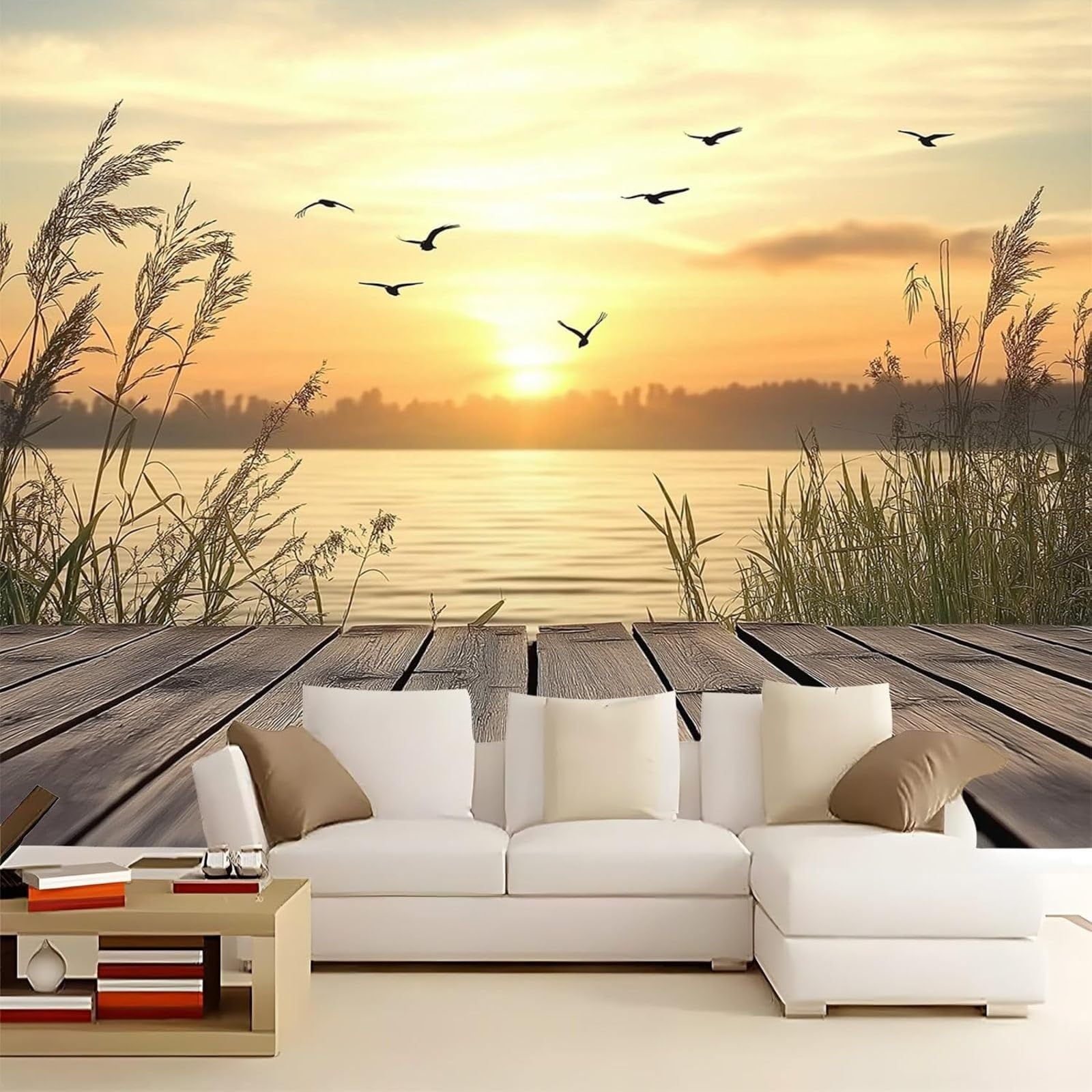 Kfjhgbdshhj 3D Mural Photo Mural-Wallpaper Bedroom Reed Sunset Lake Decoration Living Room For Living Room Bedroom Colour 3D Effect Decoration,150Cmx105cm Poster - Wall Sticker - Frameless Picture
