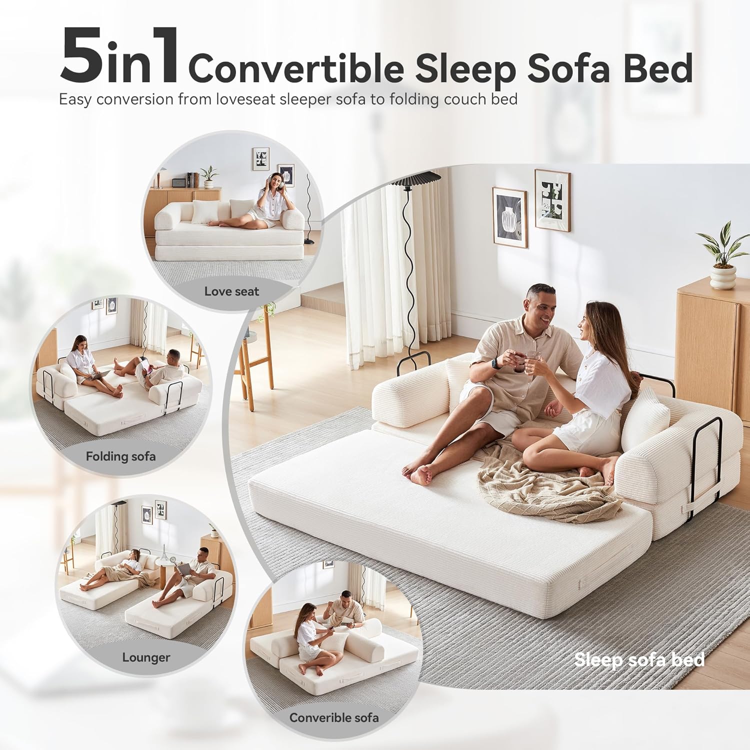 Convertible Folding Mattress Couch, 5-in-1 Futon Sofa with Armrests, Sleeper Mattress Sofa Bed Comfy Portable Fold Out Bed for Living Room, Bedroom, Lounge,Guest, Office (White)