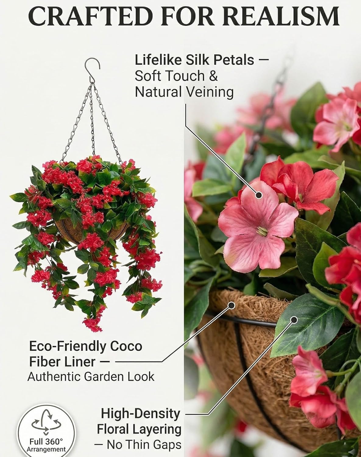 15" Faux Crepe Myrtle Hanging Baskets - Set of 2, Artificial Hanging Flowers Plants Basket for Outdoor Indoor, Fake Crepe Myrtle Silk Planter UV Resistant for Outside Spring Porch (White, 1 Set)
