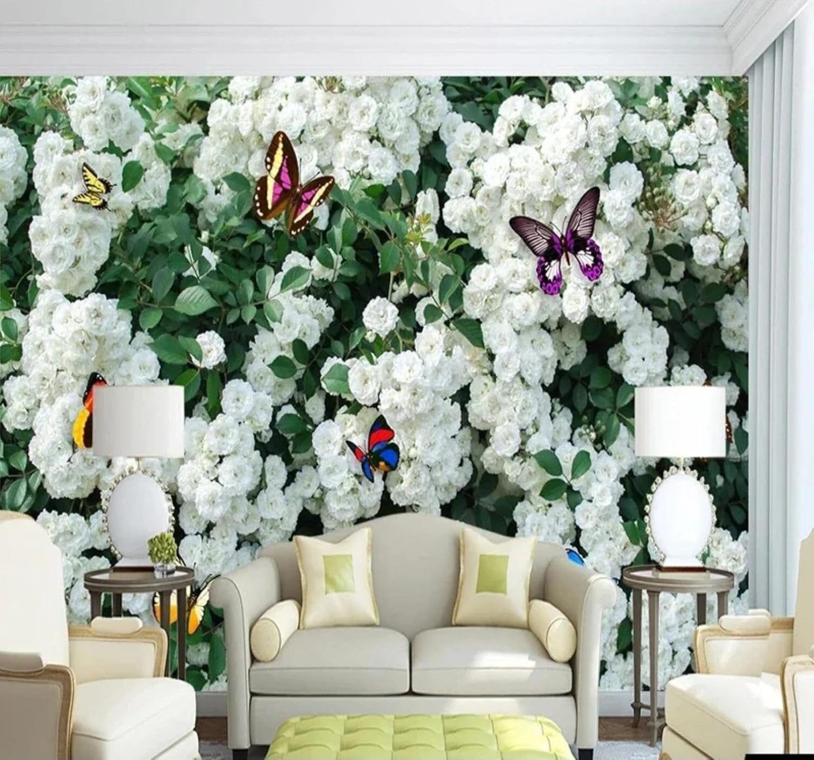 Tzxztt Green Leaves White Flowers Butterflies Pastoral Landscape Modern 3D Wallpaper Premium Textured Silk Neutral Tones Material Ideal for Living Room Bedroom-150cm×105cm